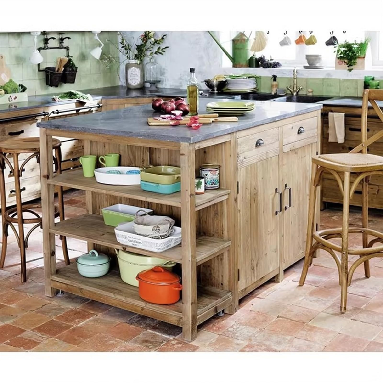 Unité d'îlot de Cuisine Îlot de Cuisine en Bois avec tiroirs Pierre, armoires et étagères Ouvertes, Ferme Rustique