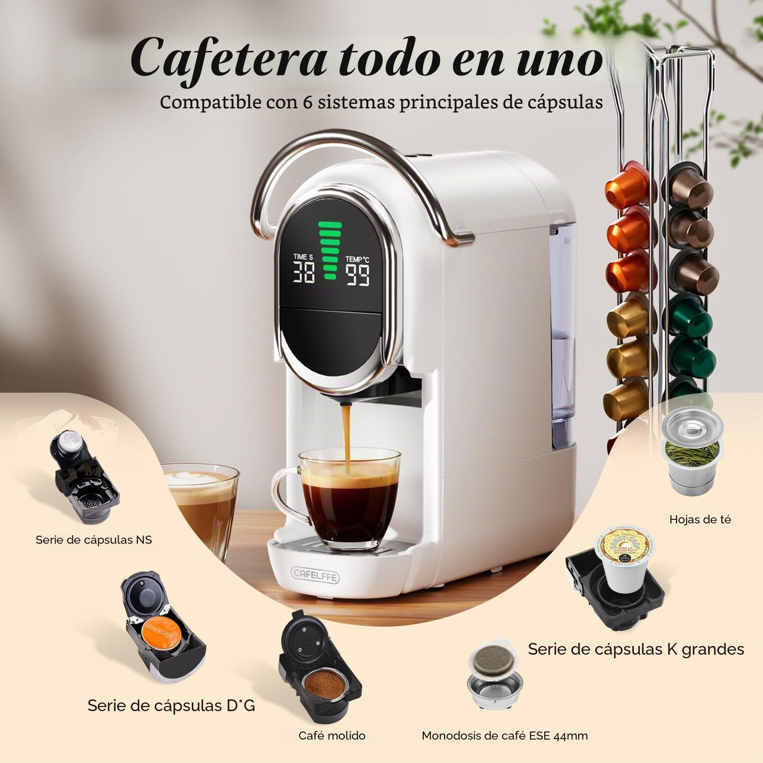 CAFELFFE Máquina de Café Espresso en Cápsulas MK-609S 6 en 1,Infusión Caliente/Fría,Compatible con Nes Original/DG/ESE/K Cup/Té/Café Molido
