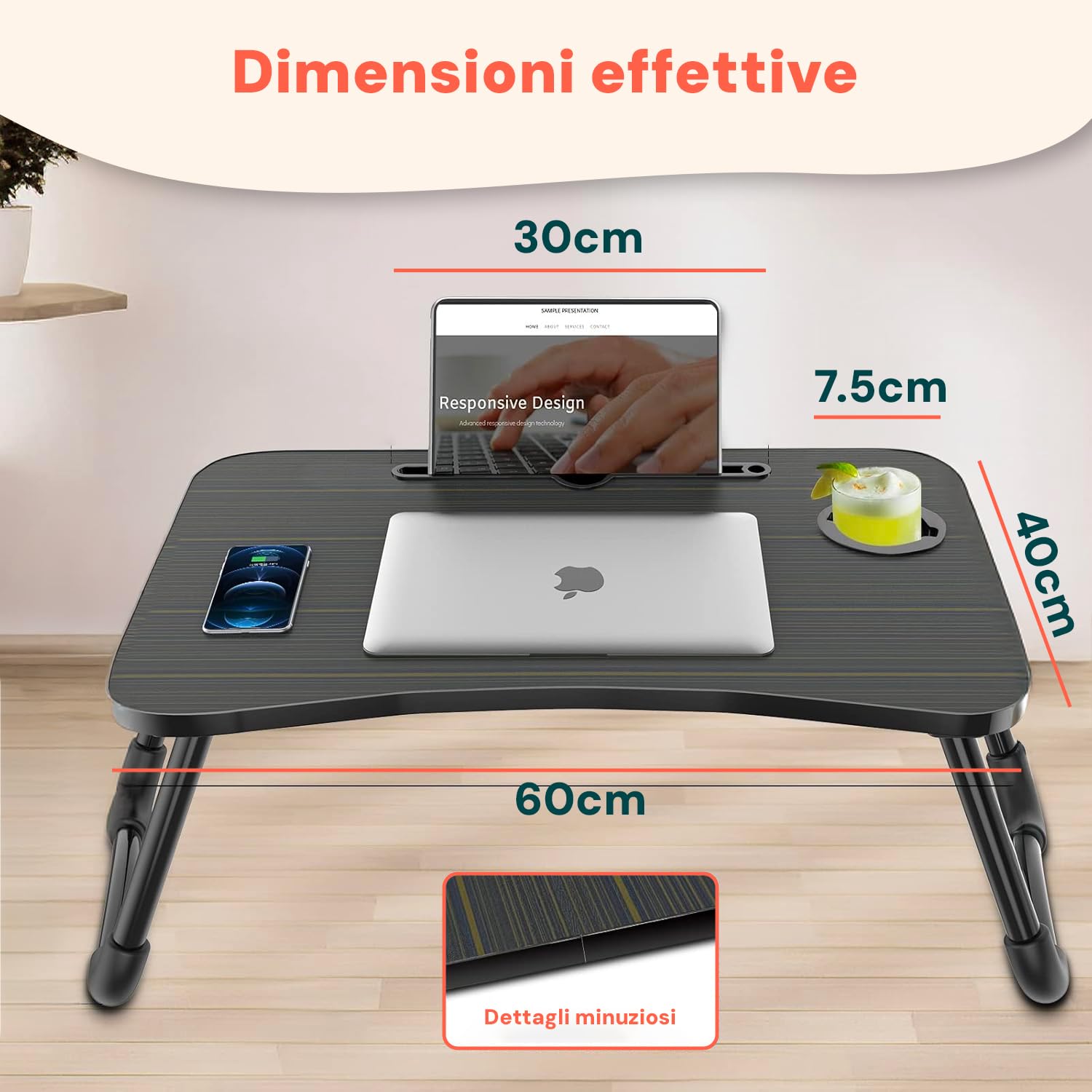 Wintem - Tavolino da Letto Pieghevole Nero 60x40 cm con Porta Bicchiere e Supporto Tablet | Tavolino Salvaspazio per Colazione, Studio o Relax su Letto o Divano