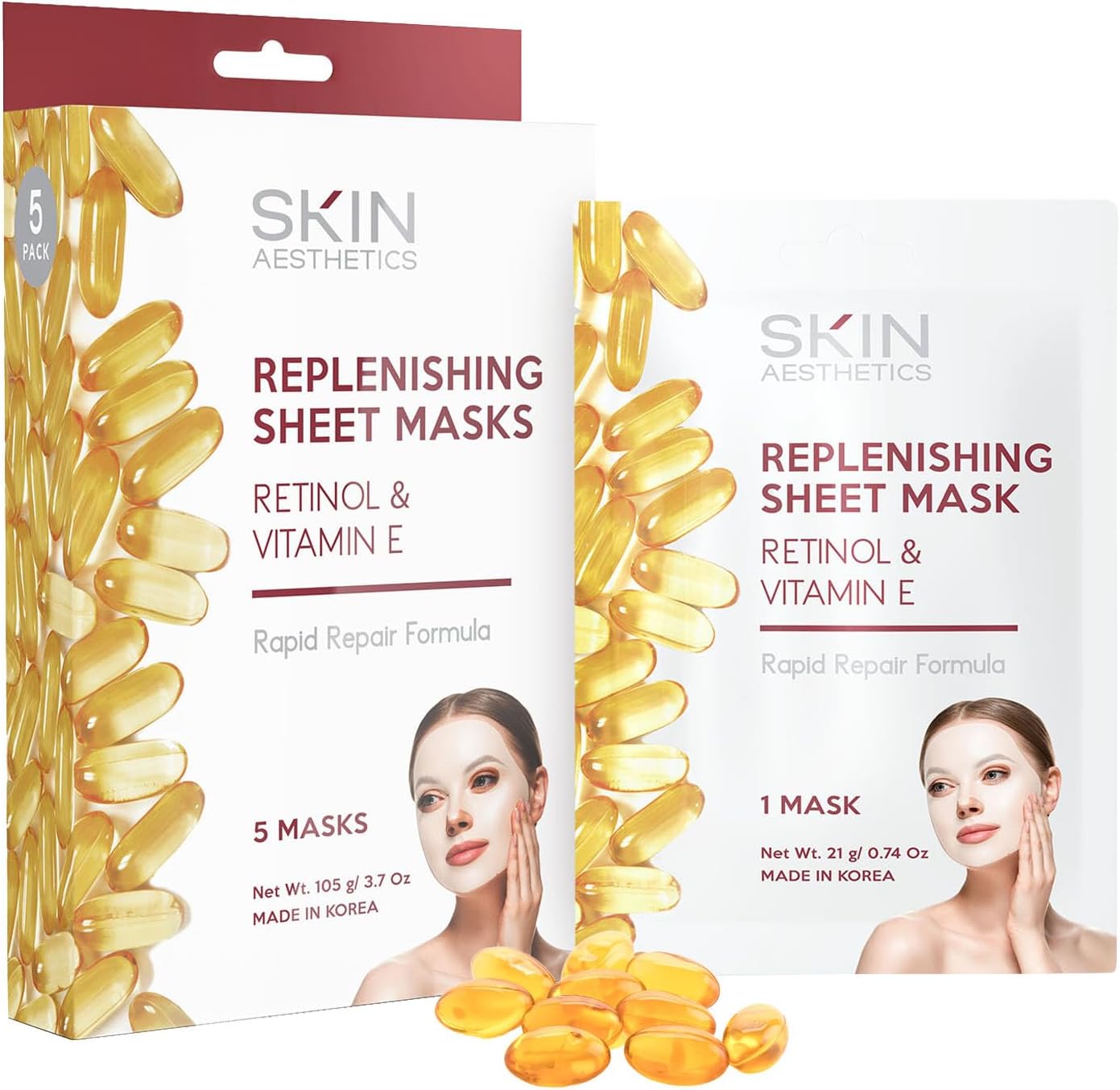 Retinol & Vitamin E Sheet Face Mask - Repairs Skin, Diminishes Fine Lines & Wrinkles, Anti-Aging - Dermatologist Tested Korean Skincare - Clean Beauty, Cruelty-Free - 5 Masks
