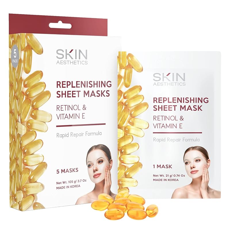 Skin Aesthetics Máscara facial em folha com retinol e vitamina E, pacote com 5 unidades