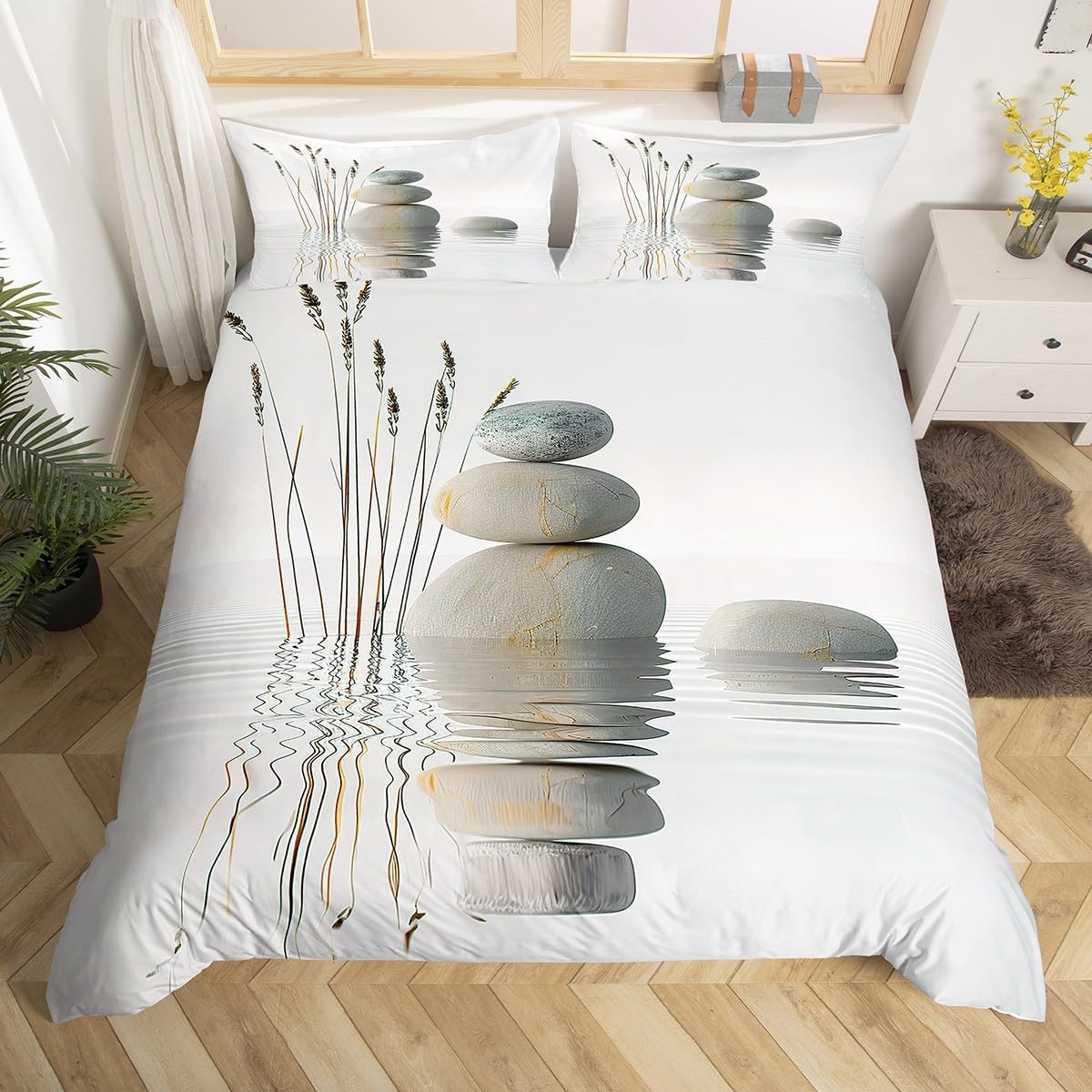 Feelyou Zen Bedding Set for Girls Boys Children Zen Stones Comforter Cover Meditation Duvet Cover Room Decor Tranquil Nature Artwork Bedspread Cover King Size Bedding Collection 3Pcs