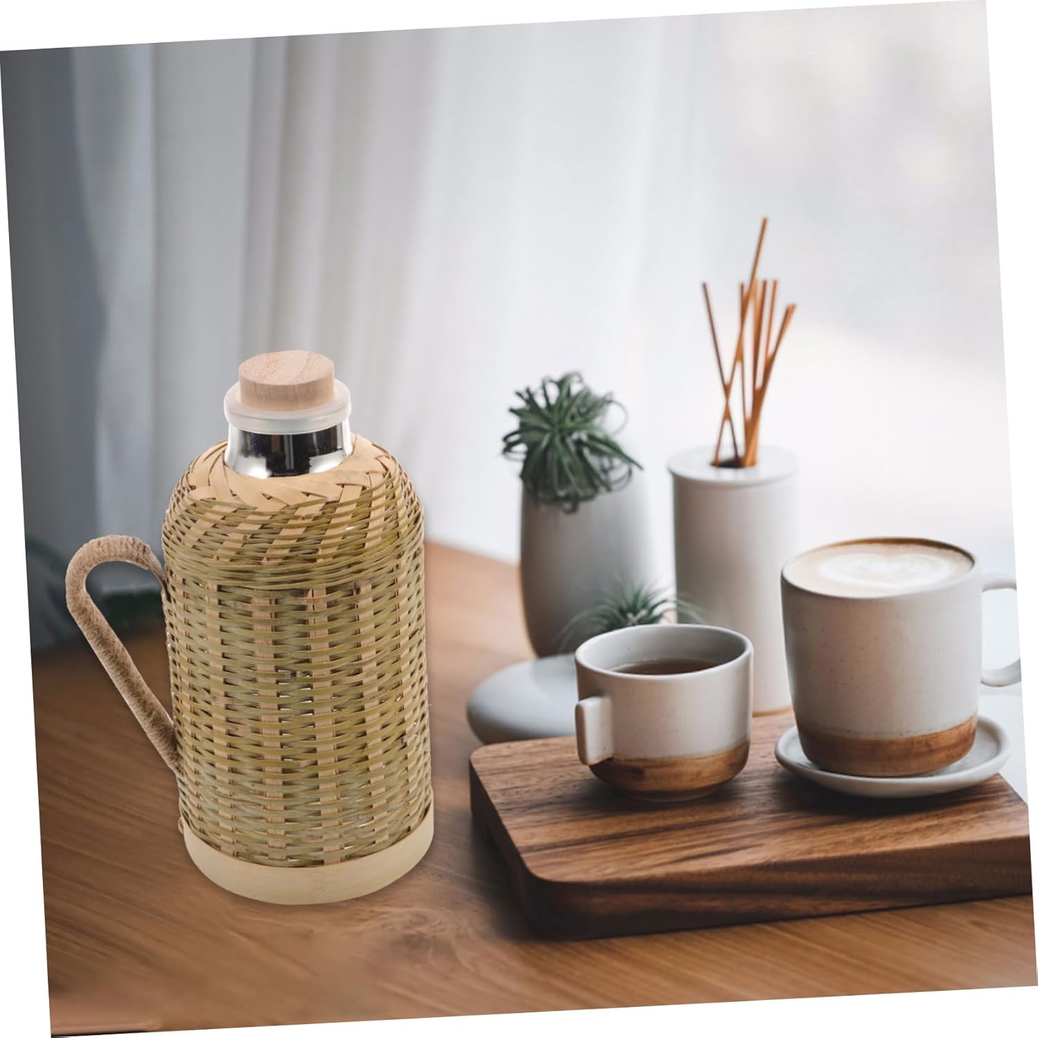 Mikikit Vintage Insulated Water Bottle with Glass Liner Portable Retro Hot Water Kettle for Travel and Home Use Lightweight Natural Weave for Heat Preservation