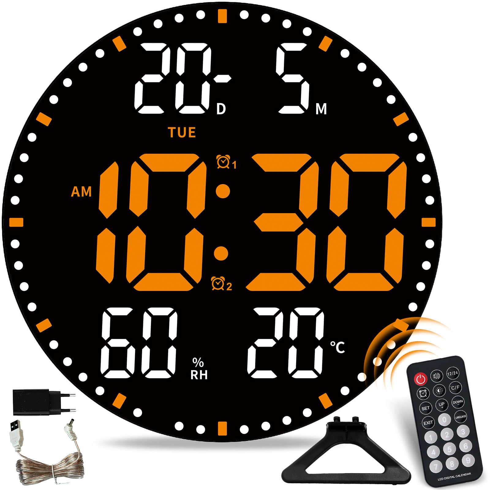 Horloge Murale Numérique LED 10" Bois - Heure, Date, Température, Humidité, Télécommande, Luminosité Auto - 7
