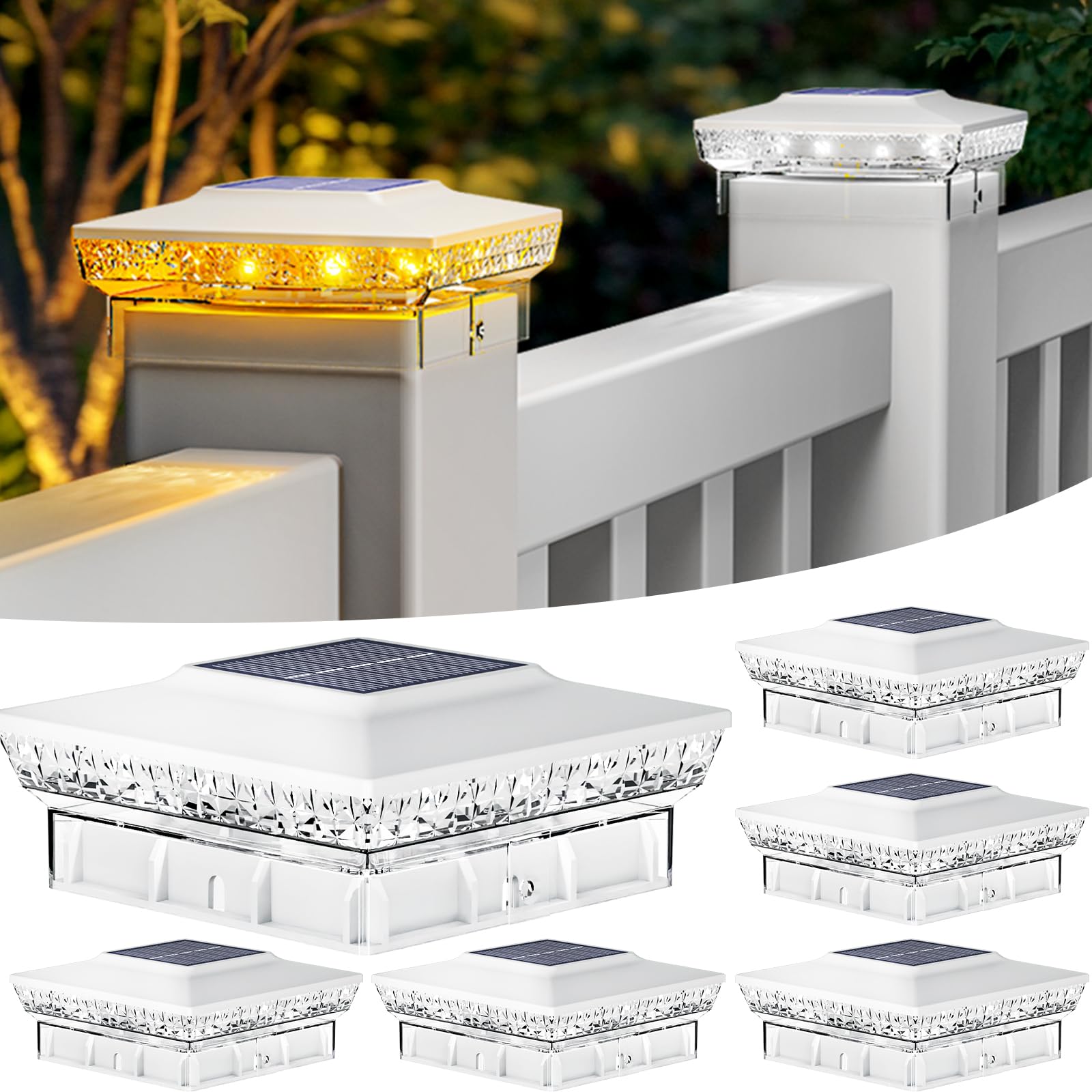 btfarm 4 x 4 luci solari per esterni, 2 modalità, 16 LED, per recinzioni, pali, 6 pezzi, impermeabili, bianche, ad energia solare, per esterni, 4 x 4, 3,5 x 3,5 cm, legno/vinile per portico, patio