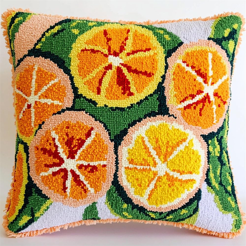 Rqwybcaxn Latch Hook Cushion Kits Oranges Latch Hook Pillow Case Kits Embroidery Kits 17X17inch Diy Needlework Pillow Cover Sofa Cushion Rug Making Kits, Diy Craft Kits 17X17inch