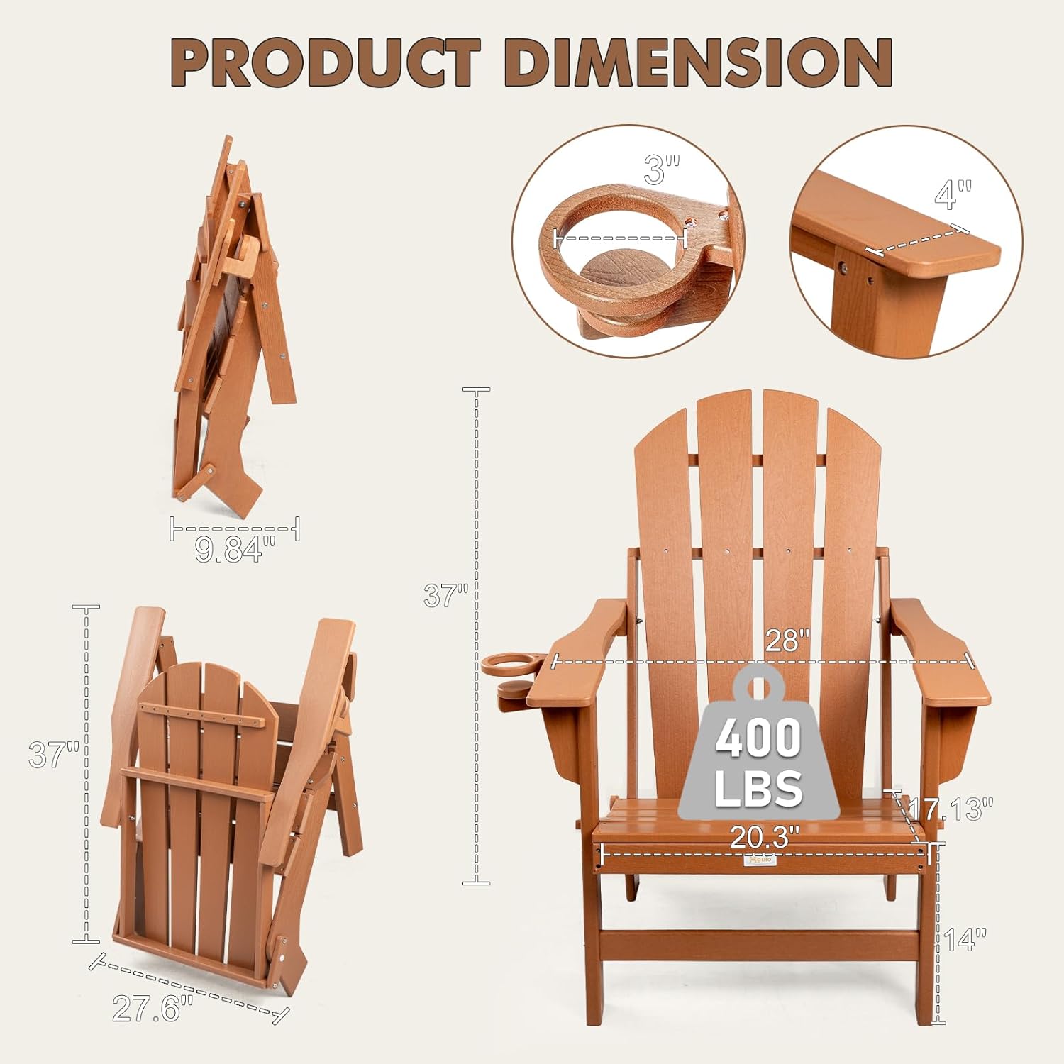 Folding Adirondack Chair, All Weather Stable Gun-Leg Design Fire Pit Chairs with Cupholder for Outside