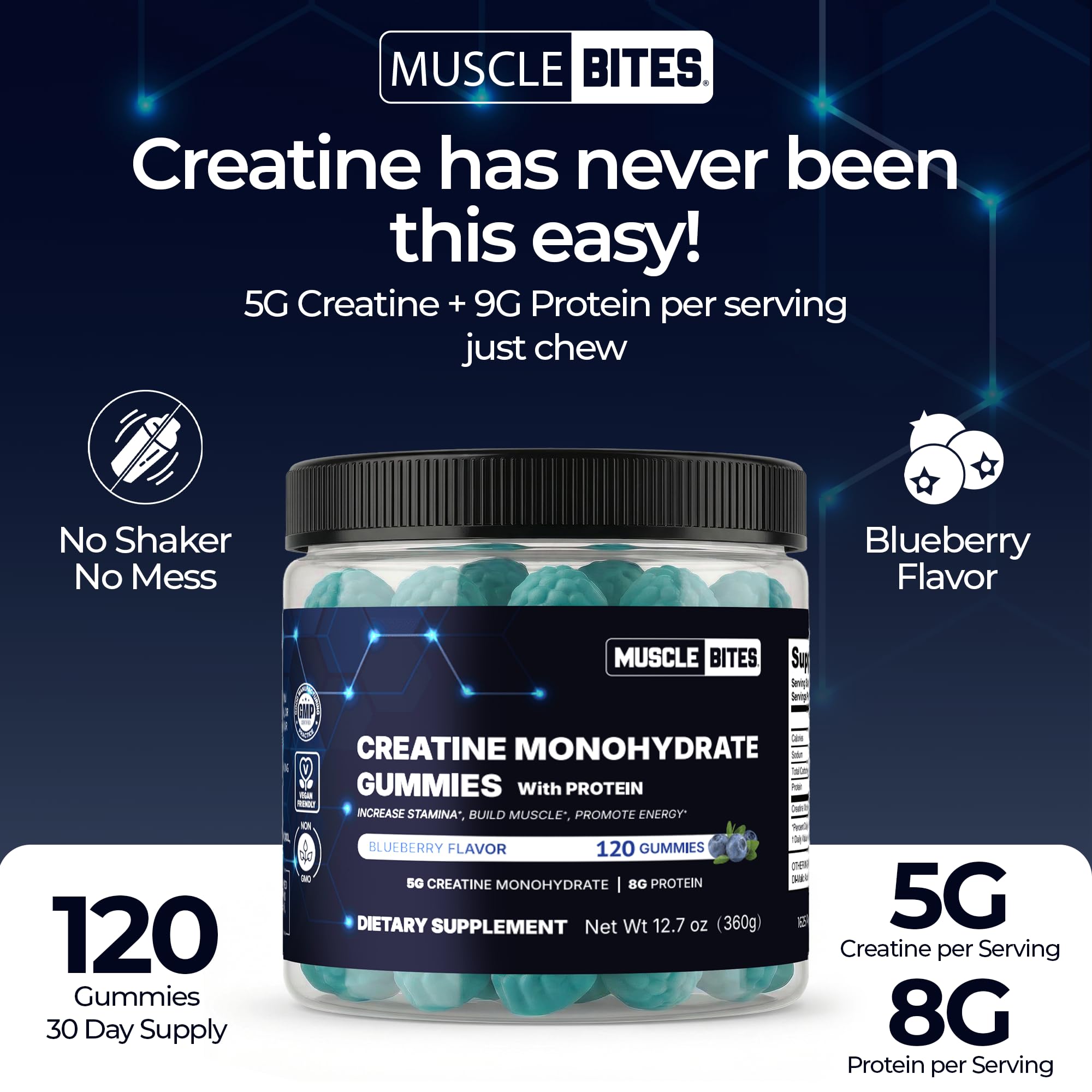 Creatine Gummies for Men & Women – 5g Creatine Monohydrate + 8g Protein, Sugar-Free Blueberry Chewables, Muscle Strength, Recovery & Energy Support, 120 Count, 30-Day Supply — Amazon image 2