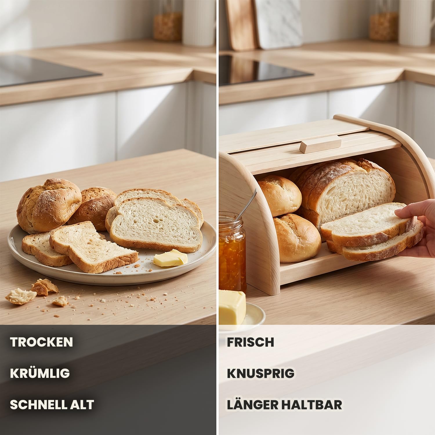 Brotkasten Holz XL mit großer Öffnung und Rolltop 39 x 29 x 17,5 cm | 39 x 29 x 17,5 cm, Naturbelassenes Buchenholz, Zeitloser Look, HDF Boden, Leichtgängiger Rolldeckel, Platzsparend