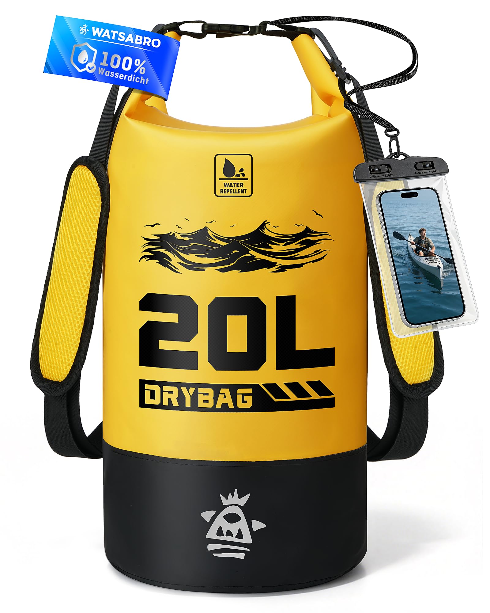 WATSABRO Dry Bag – 5L/10L/20L wasserdichte Tasche,Kratzfester Wasserdichter Rucksack, Inklusive 100% Wasserfeste Handyhülle – Ideal für Wassersportarten wie SUP, Kajak, Kanu sowie Strandurlaube