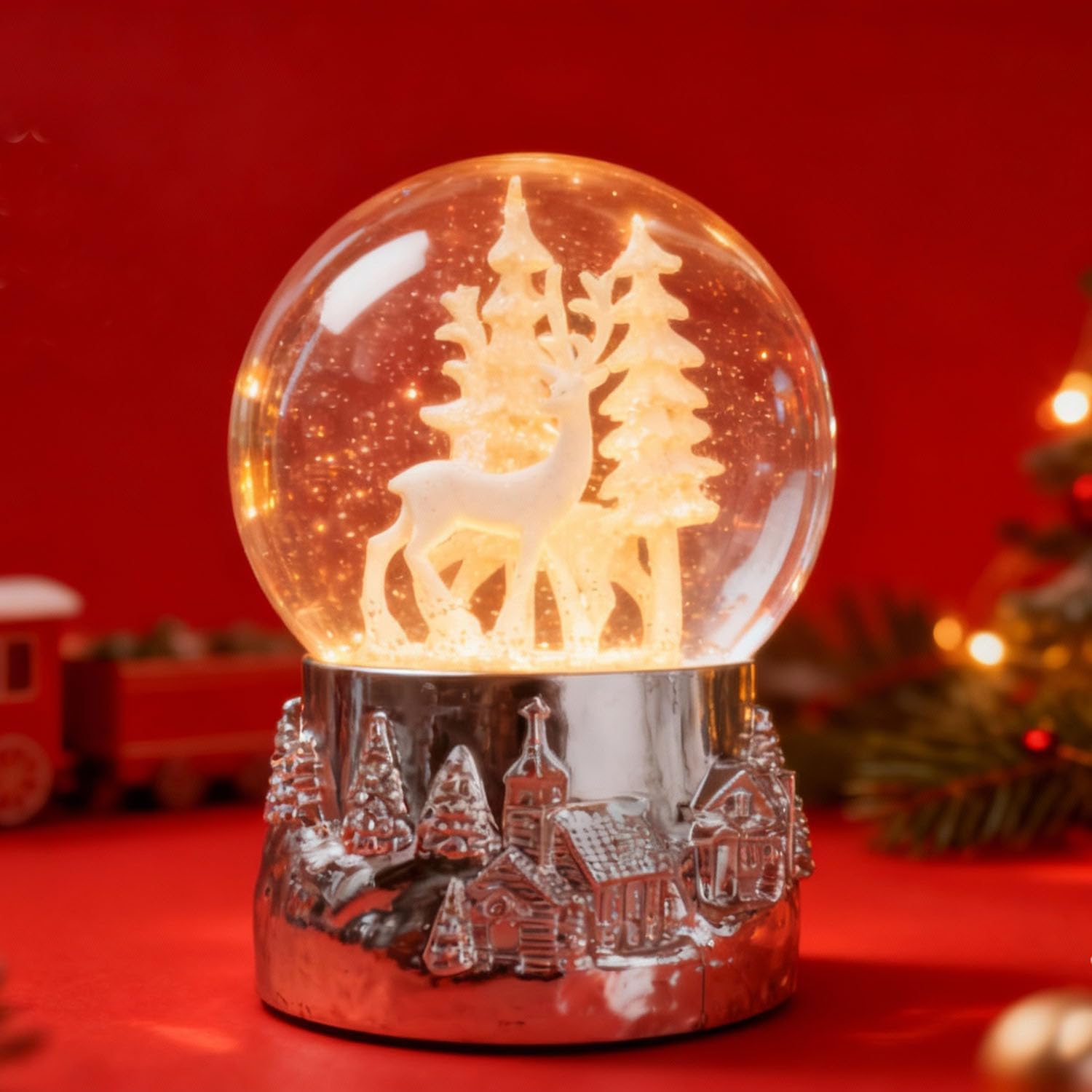 Winter White Deer Musical Christmas Snow Globe LED Light Up,120MM Snowflakes, 6.7Inch Height Water Globe, Festive Christmas Decor, Ideal Gift for Women and Adult.