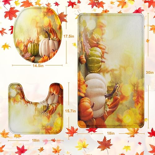 Miniatura 9 de Arttown Juego de 3 alfombras y tapetes de baño con diseño de calabazas otoñales, antideslizantes, de madera de color naranja otoñal,