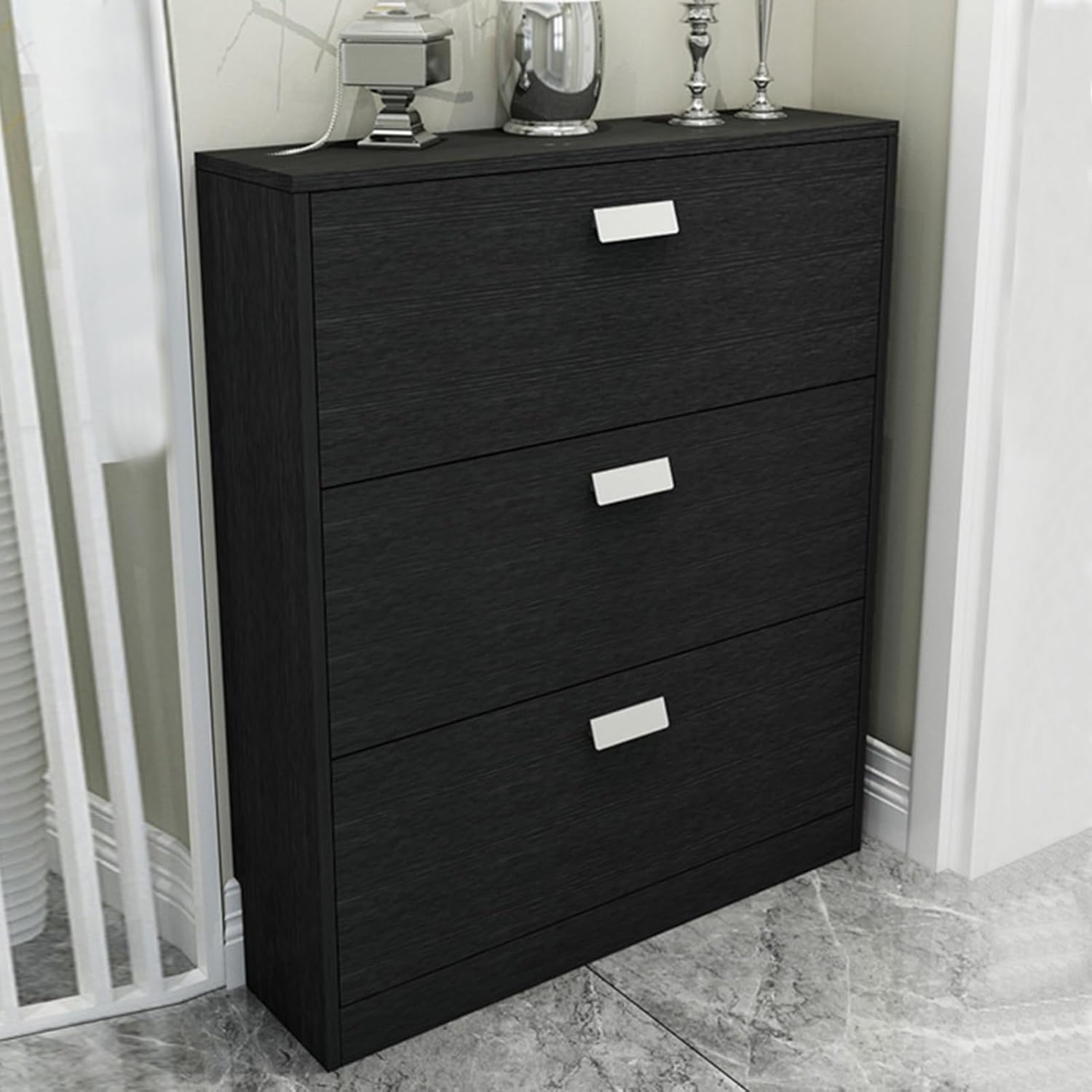 Shoe Storage Cabinet Cabinets Hallway Slim Cupboard Cupboards Hallways Slimline，Black Shoe Storage Box, Hallway Shoe Rack Narrow, Shoe Cabinet with 3 Flip Doors, Adjustable Shelves, with Dus