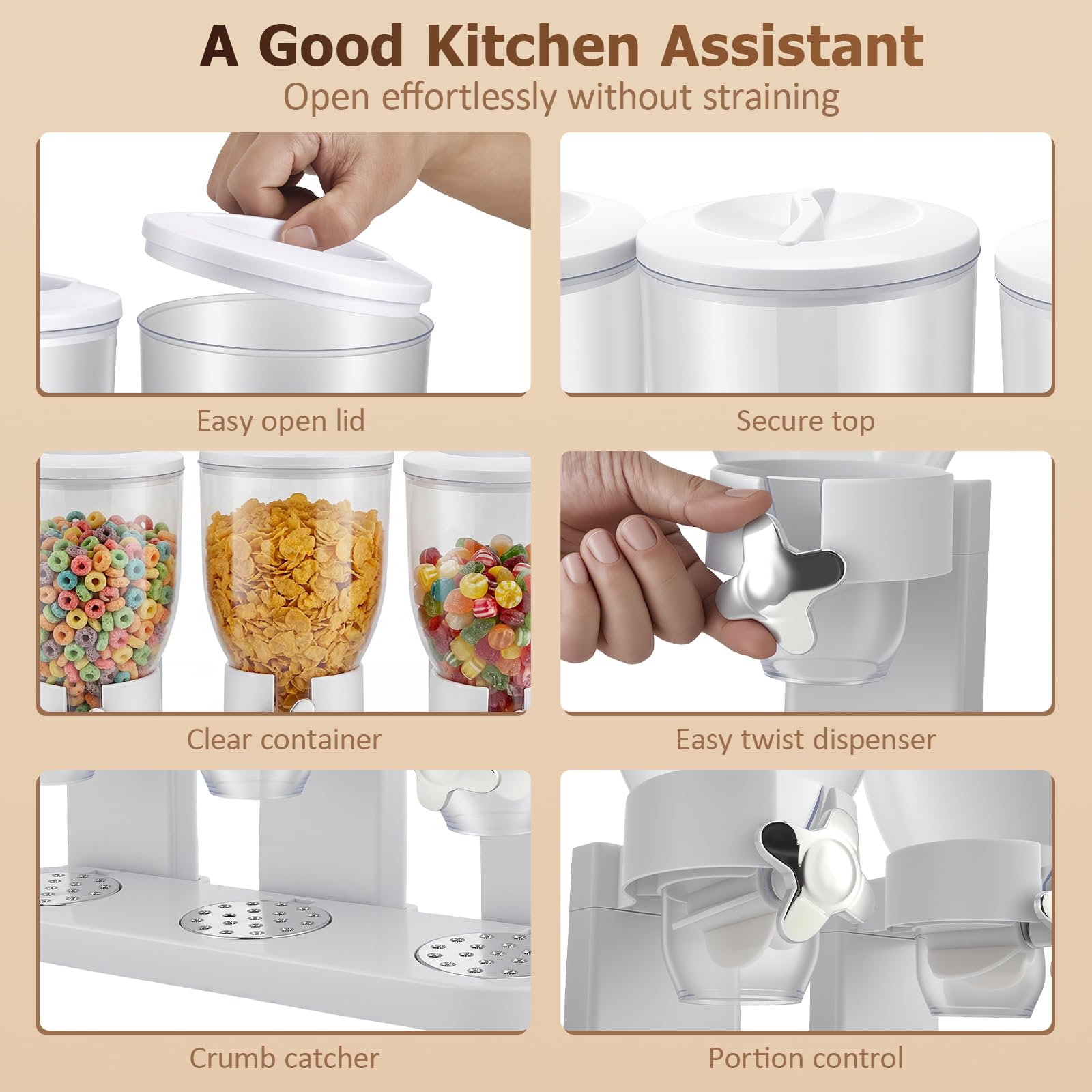 Müslispender & Snack-Dispenser mit 3 Kammern, 6L Gesamtvolumen - Rotierender Getreidebehälter für Cornflakes, Nüsse und Kaffeebohnen | Luftdicht & Crush-Free Design für Küche & Snackstation