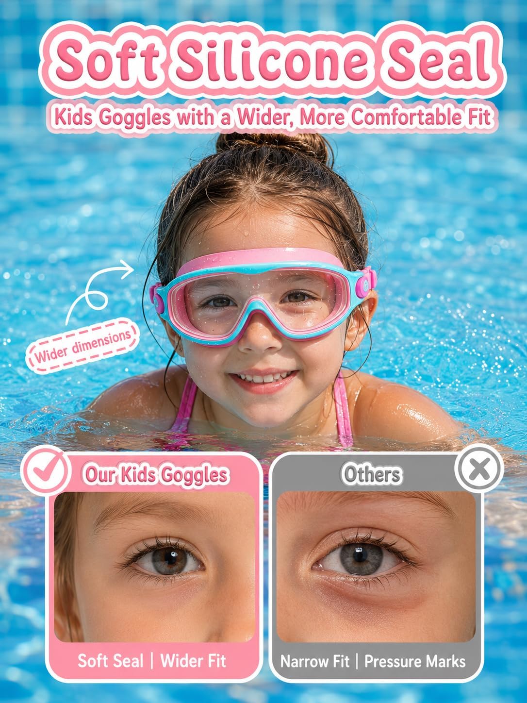 Kids Swim Goggles 2 Pack with Kids Swim Cap, Goggles for Kids Ages 3-14 | Anti-Fog UV Protection, No-Leak Wide View Toddler Goggles for Boys and Girls, Pool, Beach and Swim Lessons