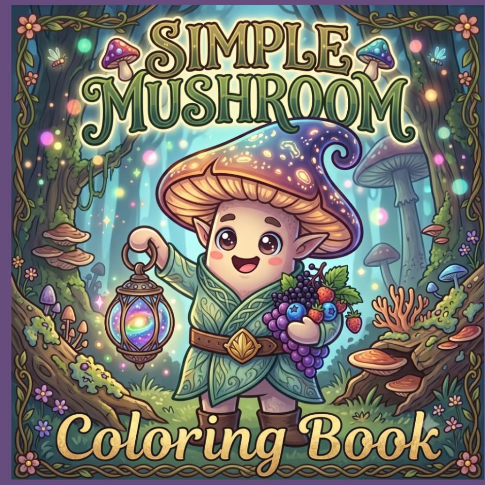 Simple Mushrooms Coloring Book: Bold and Easy Cute Mushroom Designs with Cozy Woodland Scenes for Relaxation, Stress Relief, Adults, Teens, and Beginners