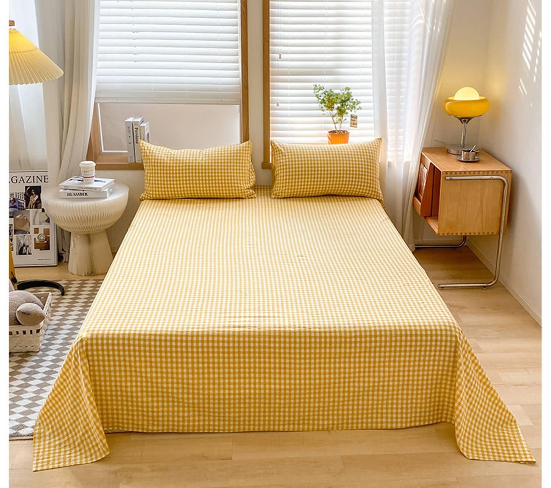Daesar Juego Sábanas Encimeras Cama con 2 Fundas de Almohada,Patrón de Celosía Algodón Ropa de Cama Amarillo,120 x 230 CM
