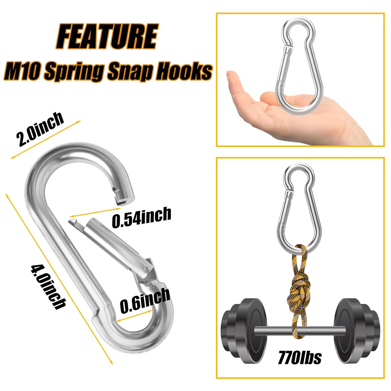30PCS 4" Heavy Duty Spring Snap Hook, M10 3/8" Galvanized Steel Carabiner Clip Qiuck Link Spring Snap Hook, 770LBS Holding Capacity Keychain Buckle for Swing Hammock Gym Outdoor - Image 2