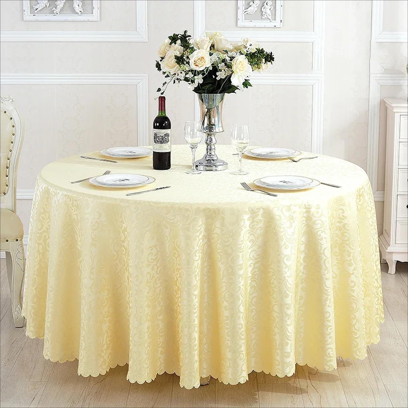 Nappe ronde beige en polyester jacquard de 320 cm pour table de fete