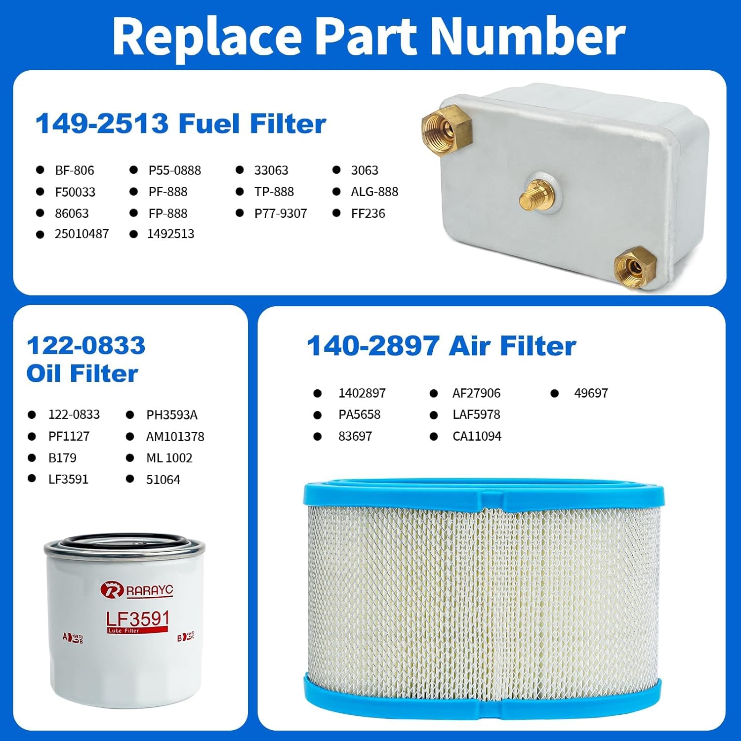 Fuel/Air/Oil Filter Kit Compatible with Cummins Onan 6000 7500 8000 Quiet Diesel Generator Replacement LF3591, FF236, 1402897, 1220833, 1492513