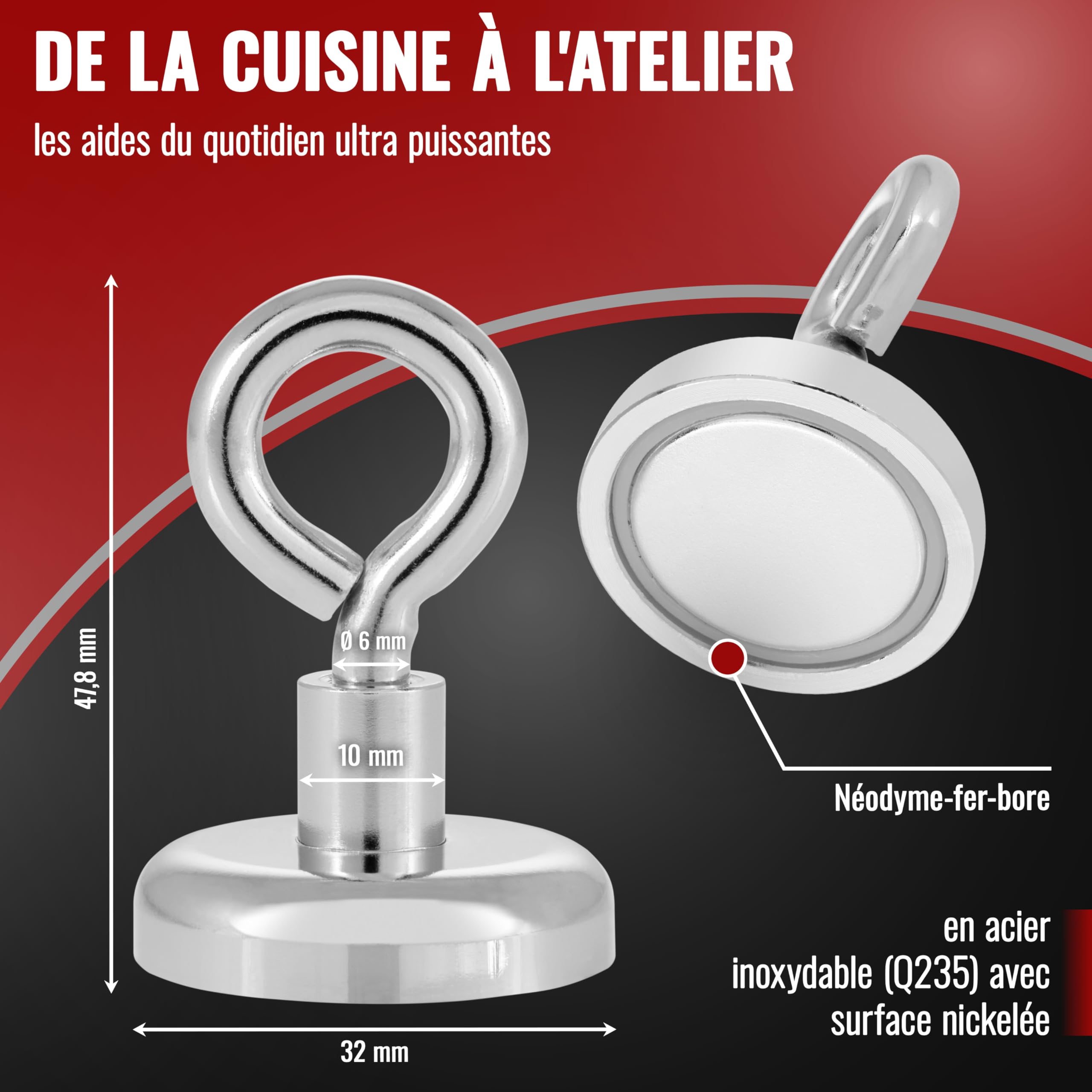 POPPSTAR 10 Oeillets Magnétiques Néodyme (force d'adhérence 36 kg, diamètre 32 mm), extra fort, argenté