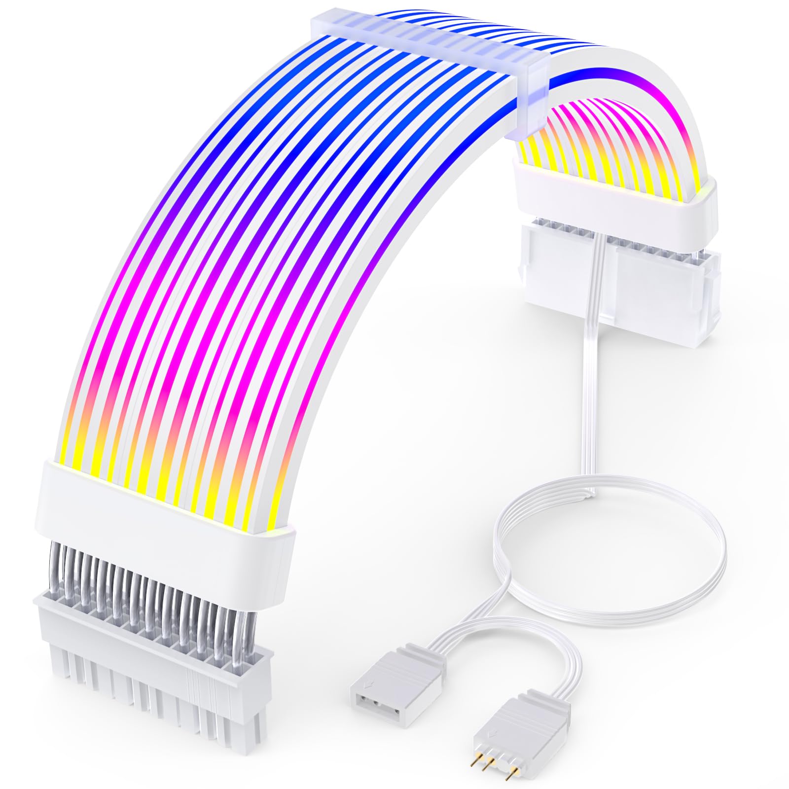 Sirlyr 24 Pin RGB PSU Cables,ARGB PC Cable for Motherboard Power Supply Extension - 5V 3Pin Addressable Four Sides Lighting RGB Strips Decor Computer Case White-picture-18