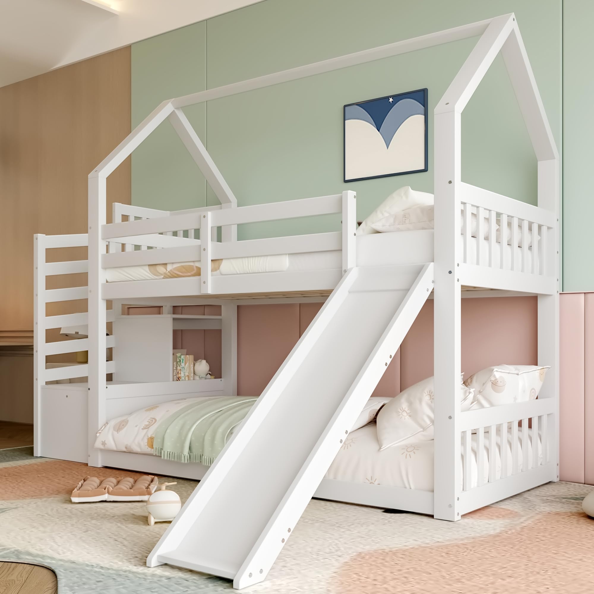 Kinderbett Etagenbett 90x200cm, Hausbett Hochbett mit Treppe und Rutsche, Multifunktionsbett Holzbett Baumhausbett Spielbett Stockbett Bettgestell mit Rausfallschutz & Lattenrost, Ohne Matratze, Weiß