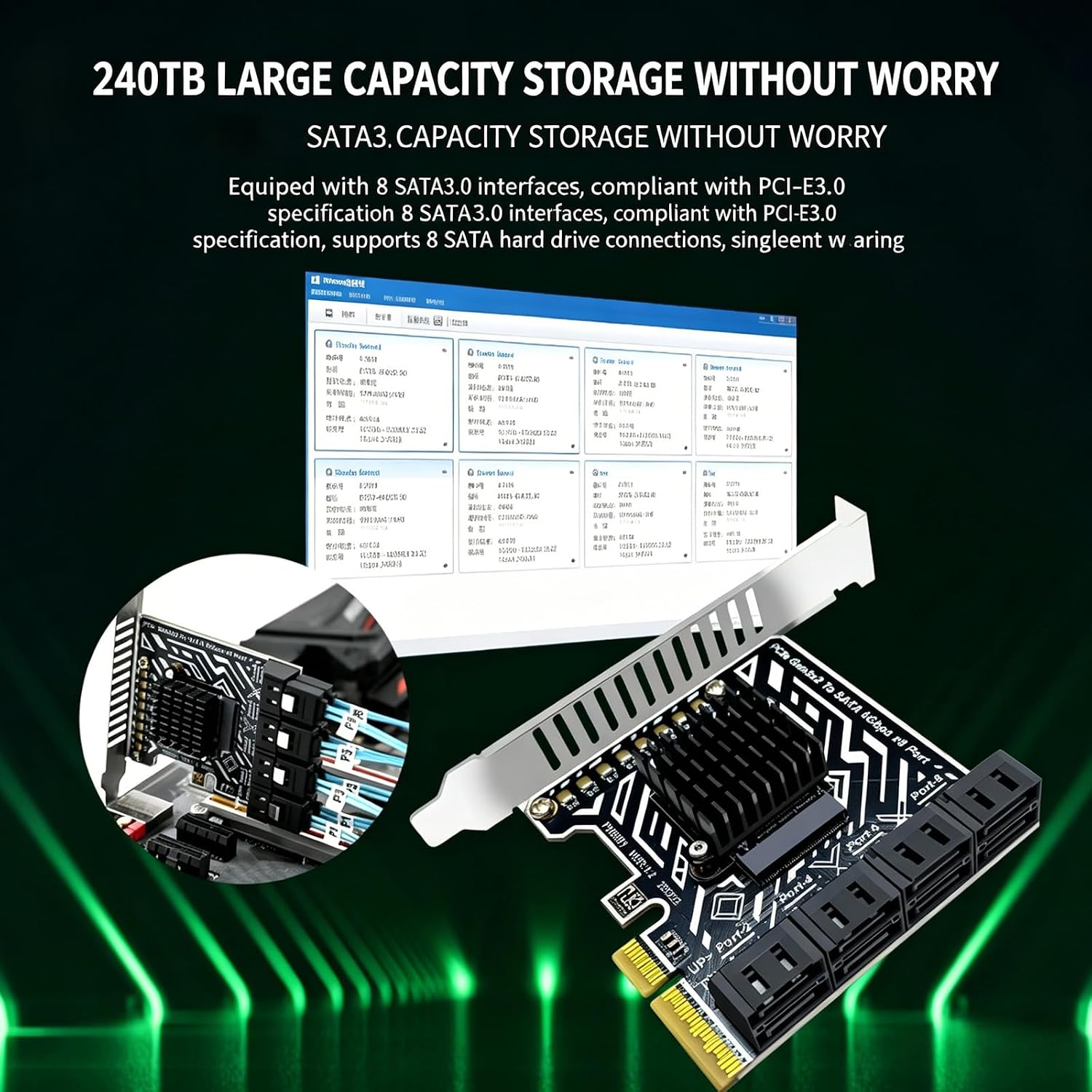 8-Port PCIe Gen3x2 to SATA3 Expansion Card 6Gbps Per Port, Up to 240TB Total Storage Capacity, Stable Transmission for HDDs/SSDs, Features LED Indicators and Effective Cooling