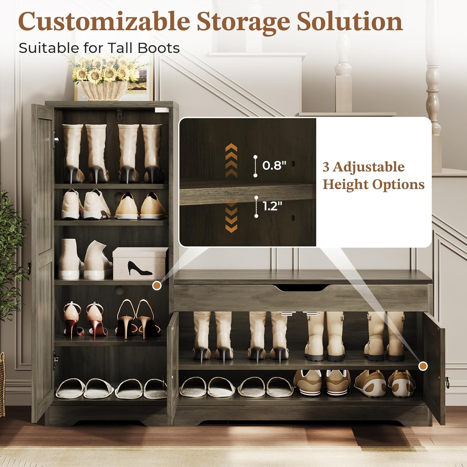 Shoe Cabinet with Bench, 7-Tier Shoe Storage Cabinet with Adjustable Shelves and Doors for Entryway, Living Room, Hallway, Grey