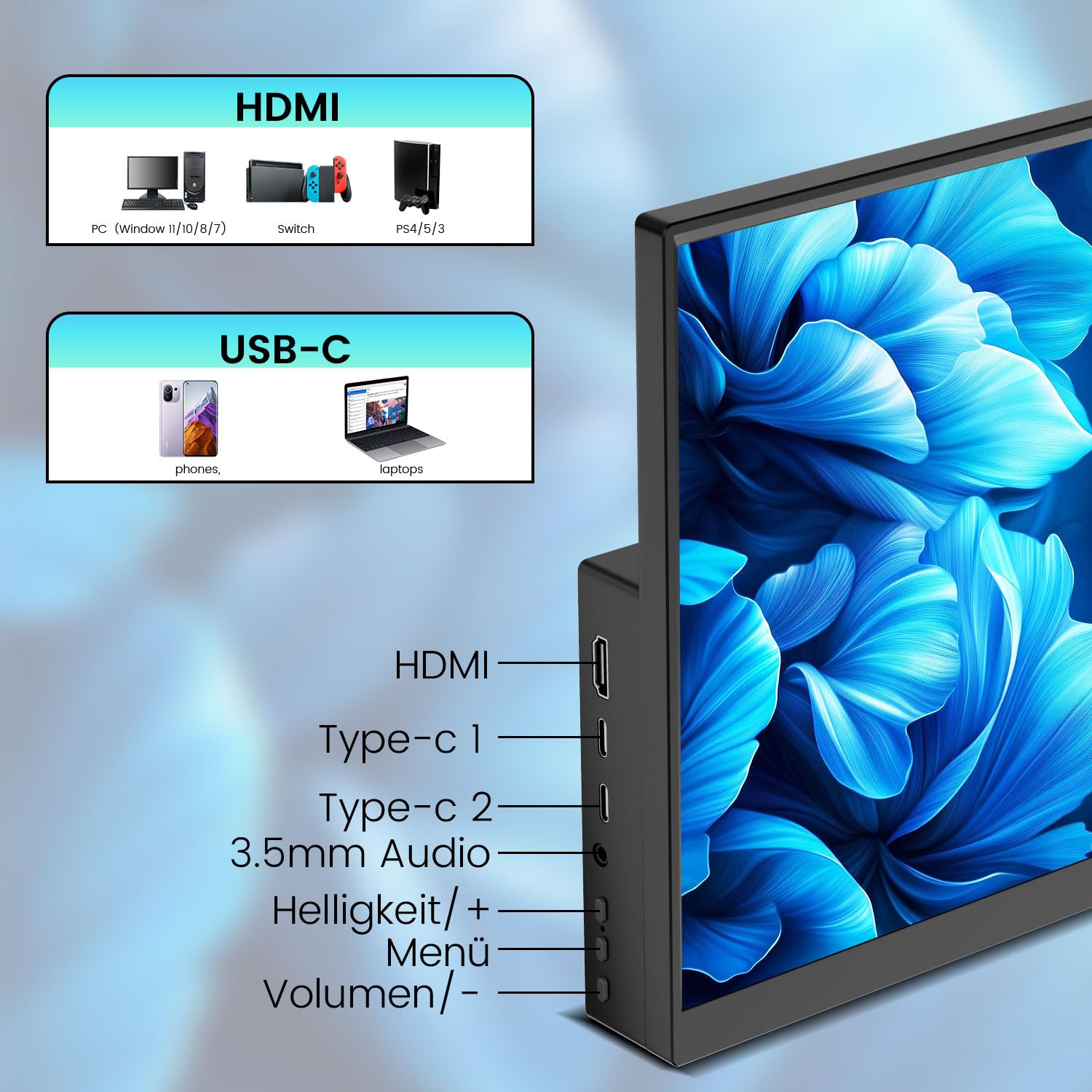 14inch Touchscreen Monitor for Raspberry Pi 5/4B/3B+/3B Screen, IPS Display Touch Screen, FHD 1920X1200,60hz,Built-in Speaker, HDMI USB-C Portable Monitor for Laptop Computer PS4/5 — view 8
