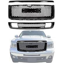 Front Upper Hood & Front Grille & Lower Grille Kit Gloss Black Compatible with GMC Sierra 1500 2007 2008 2009 2010 2011 2012 2013 Models,Denali Style,Front Bumper
