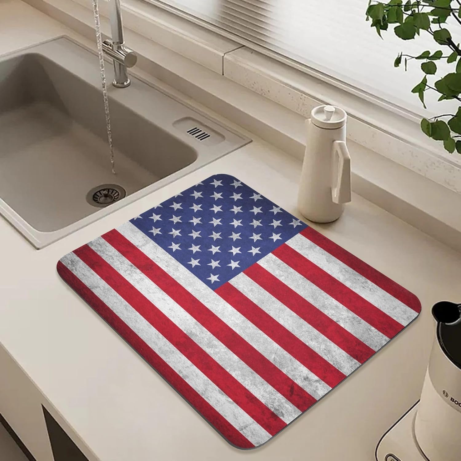 Dish Drying Mat 24x20 Inch Dish Drainer Mat Absorbent Dish Drying Pad Dish Rack Dryer Dry Mat for Kitchen Counter USA Flag Blue and Red