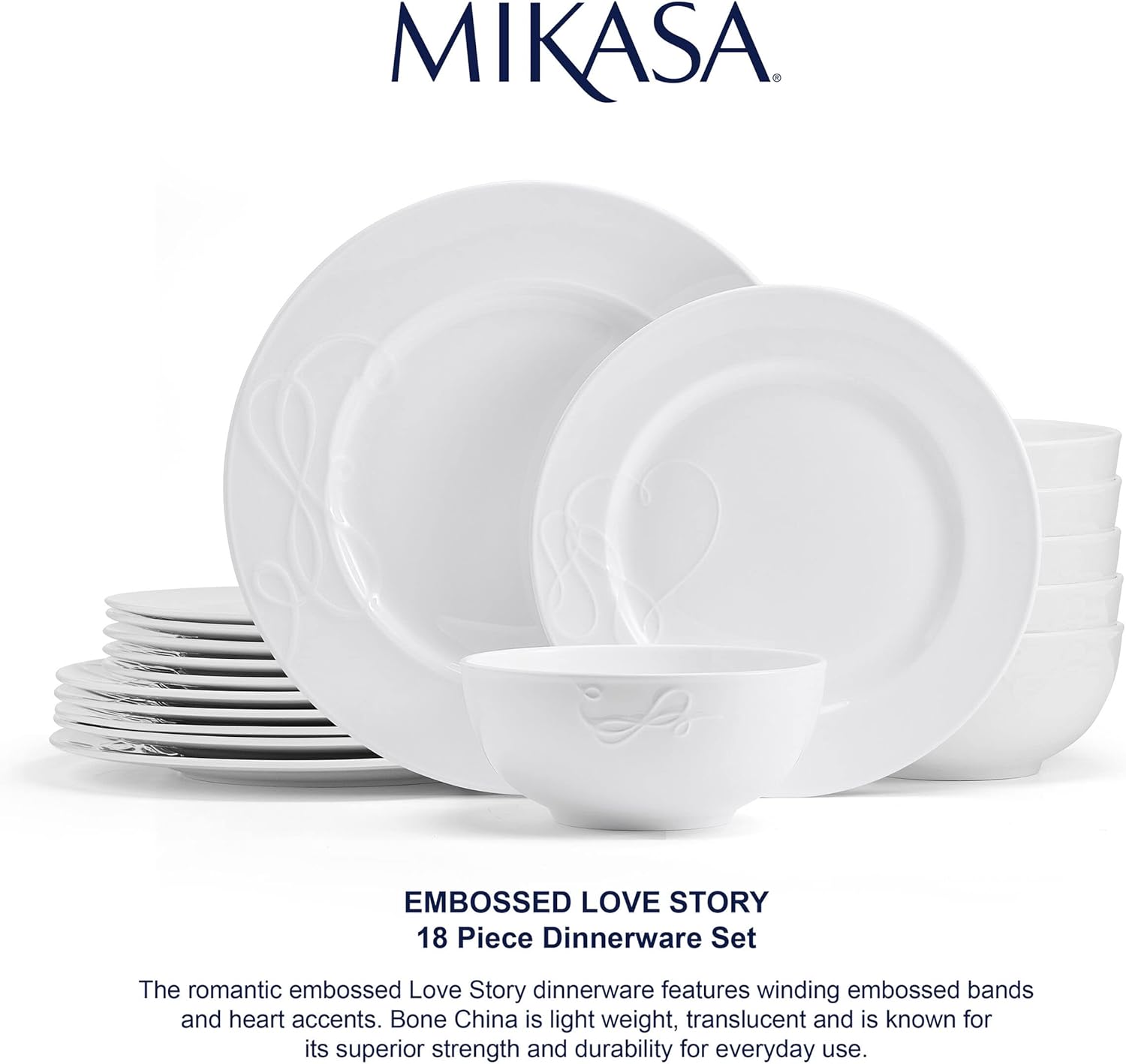 Mikasa Love Story White Chip Resistant 18 Piece Dinnerware Set, Service for 6