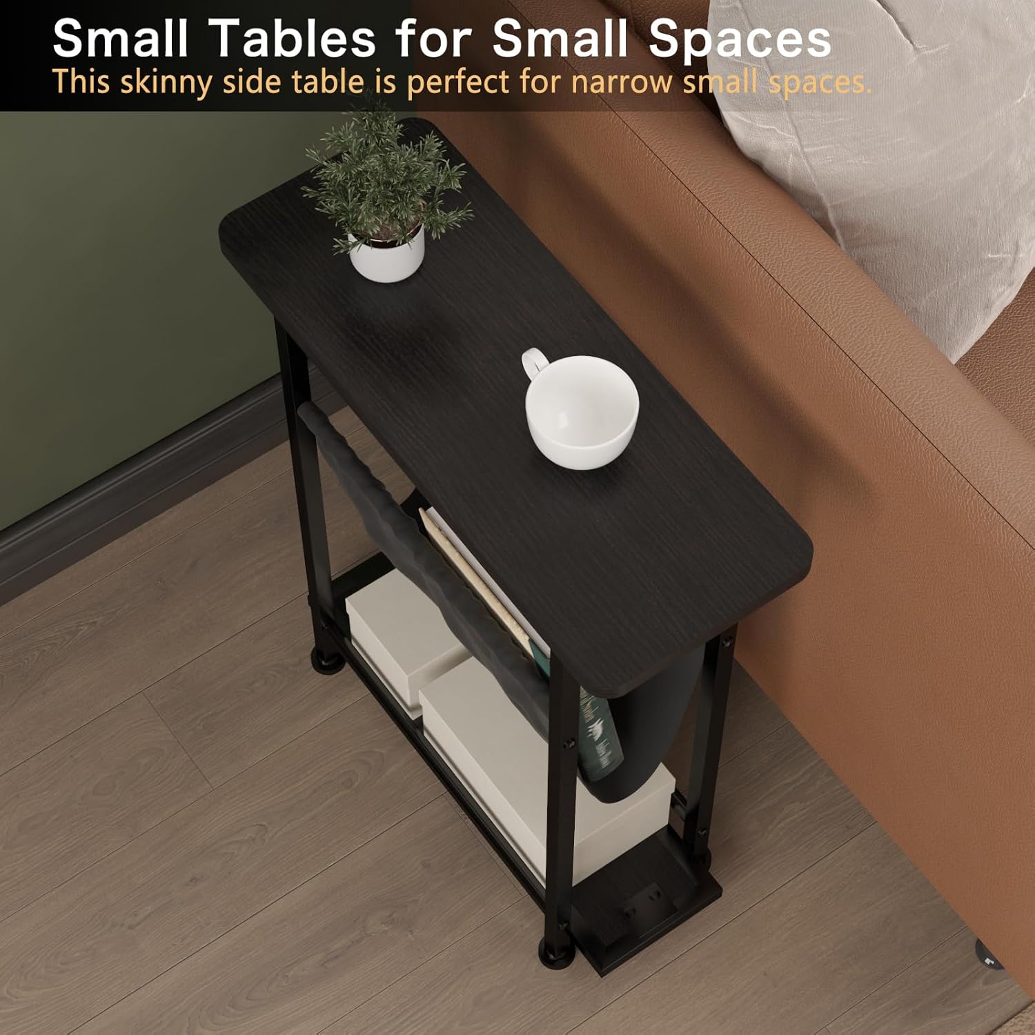 Narrow Side Table, 3 Tier Small Side Table for Small Spaces, Morden Slim End Table with with Storage Holder, Narrow Nightstand for Bedroom, Living Room (Black)