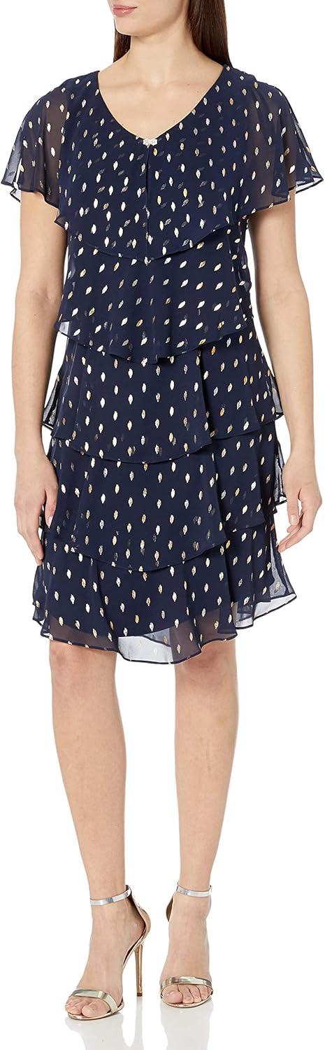 S.L. Fashions Women's Short Sleeve Metallic Print Pebble Tier Dress