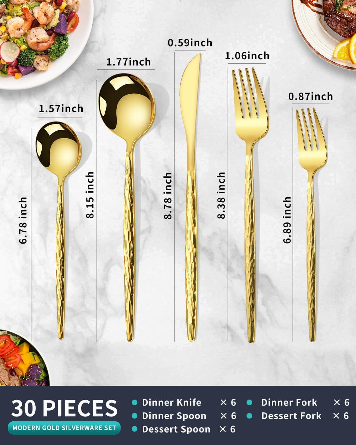 Hammered Gold Silverware Set,30 Piece Stainless Steel Flatware Set for 6,Modern Cutlery Set,Includes Spoon Fork Knives Set,Home Kitchen and Restaurant,Dishwasher Safe - Image 2