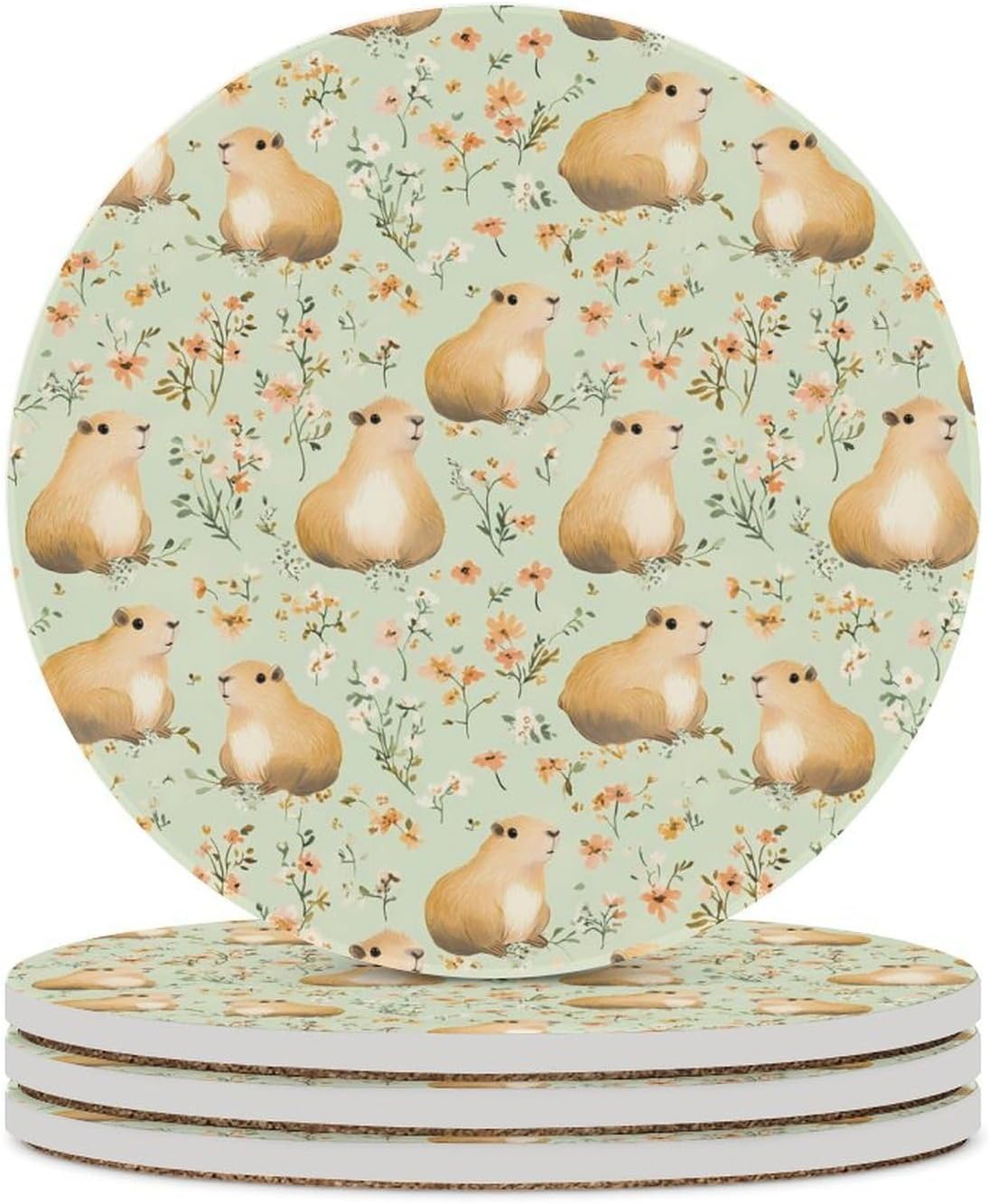 Cute Capybara Flowers Funny Round Ceramic Coasters for Drink Absorbent Cup Holders Tabletop Protection