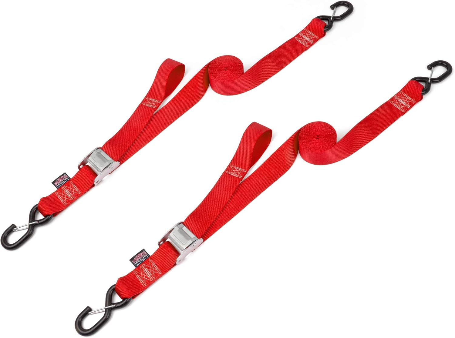 PowerTye Cam Buckle Tie Down Straps – 2 inch x 12ft Straps with Latch Hooks – Ideal for Motorcycle, ATV, Trailers, and Truck Bed Cargo – 600 lb WLL & 1,800 lb Break Strength – USA Made, Red (Pair)