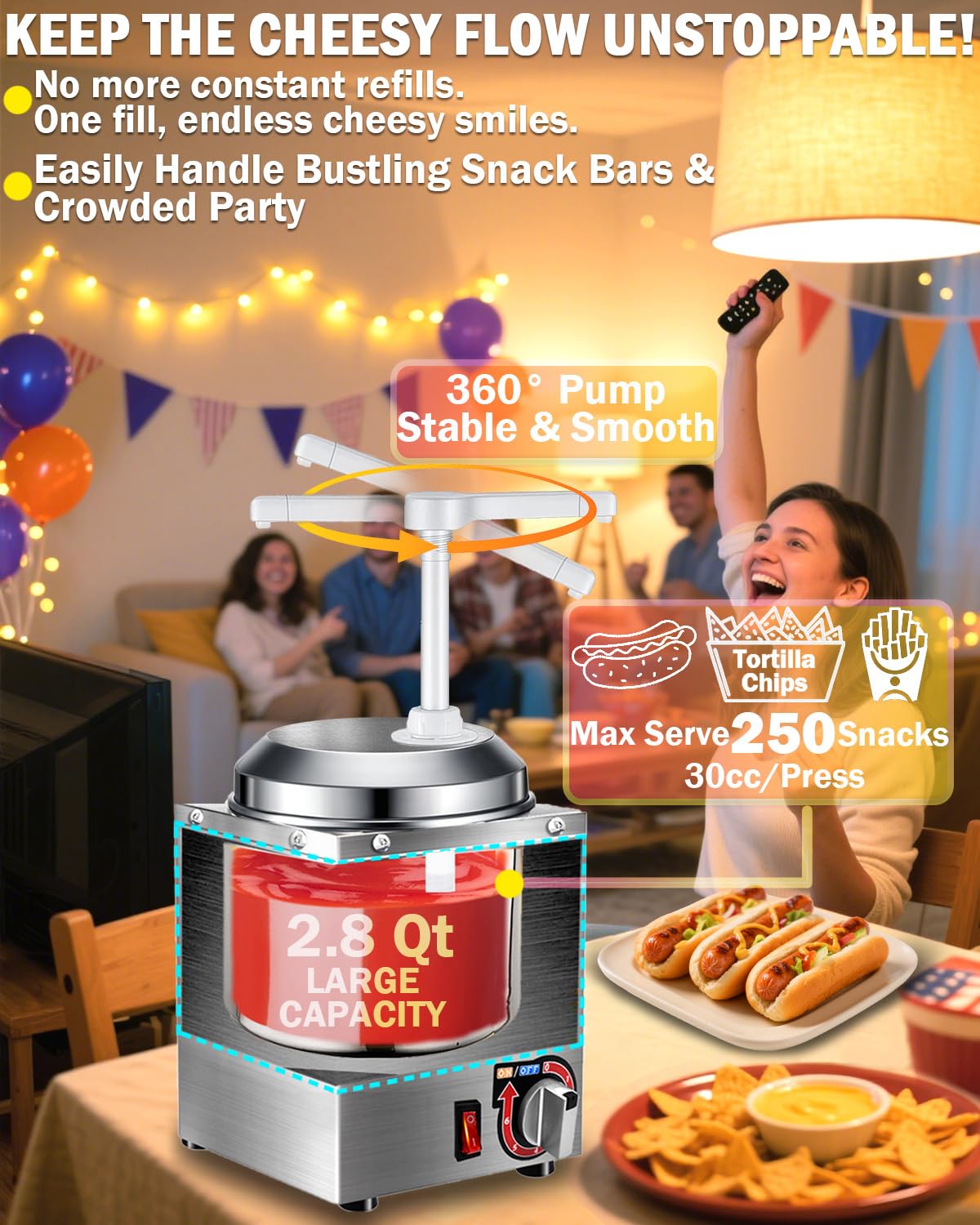 Dispensador de queso Nacho - Máquina de queso Nacho de 2,8 l con bomba, calentador de salsa caliente de acero inoxidable con ajuste de temperatura de 6 niveles, dispensador de jarabe para caramelo