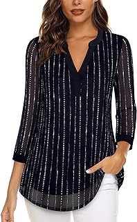 Timeson Women's 3/4 Sleeve Blouses Casual V Neck Dress Shirts Double Layers Mesh Tunics Tops