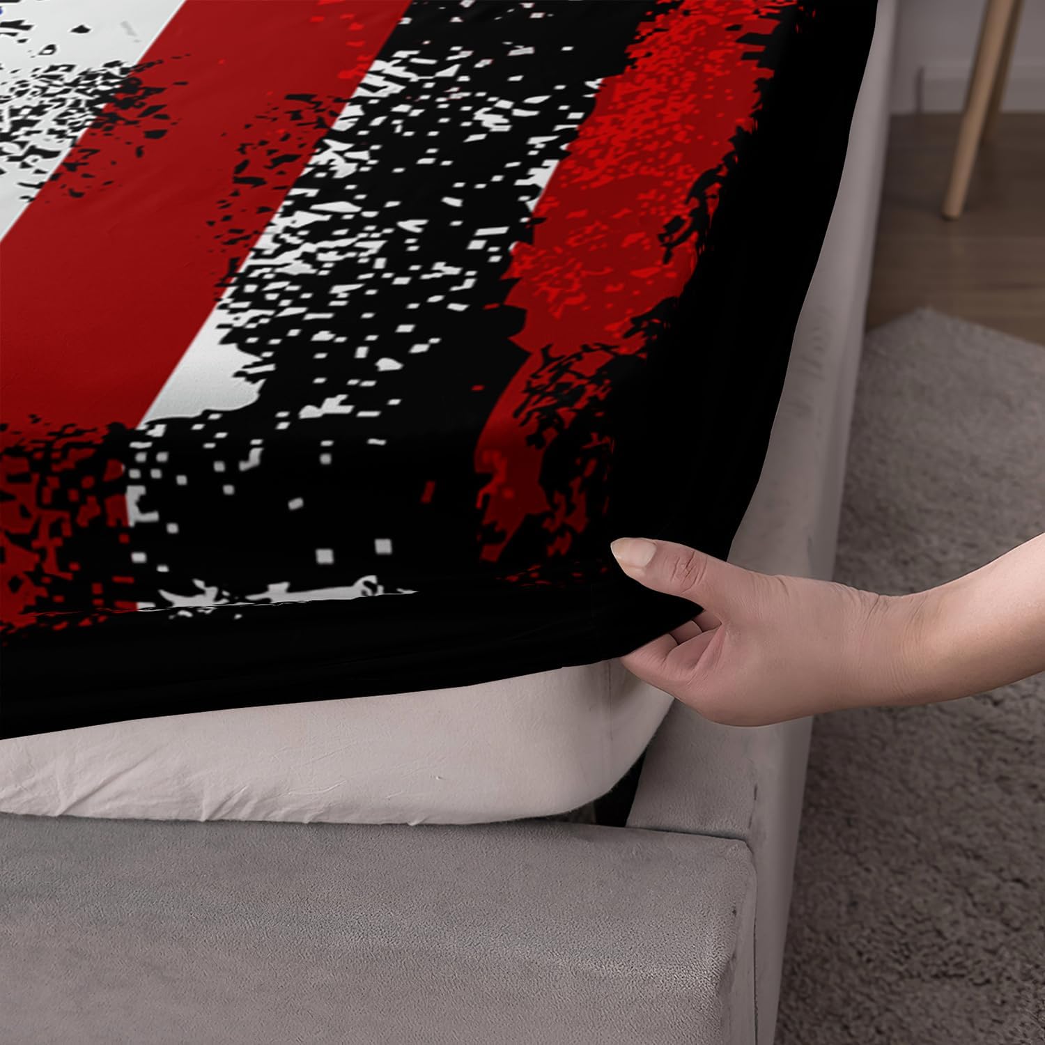 HOSIMA Big Pike Fishing Fitted Sheet,Bass Fish American Flag Pattern Hunting and Fishing Bed Set Twin Size for Boys Room Decor, 1 Fitted Sheet + 2 Pillowcases.