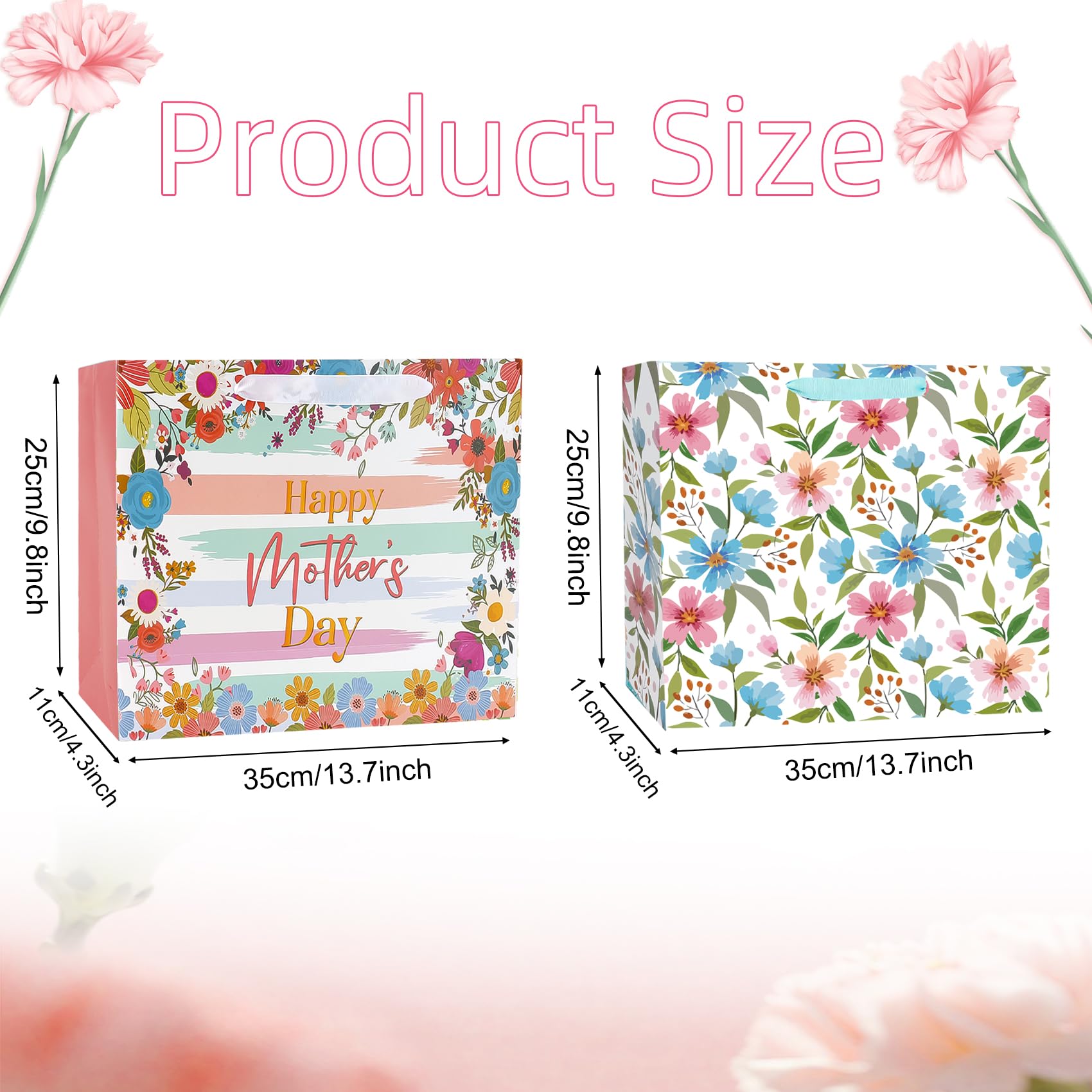 2 Pack 13" Large Mothers Day Gift Bags, Reusable Paper Mothers Day Floral Gift Bag with Handles Elegant Mothers Gift Wrap Bags with Flowers Pattern Design for Woman Moms Grandmas Gift Wrapping Supplie
