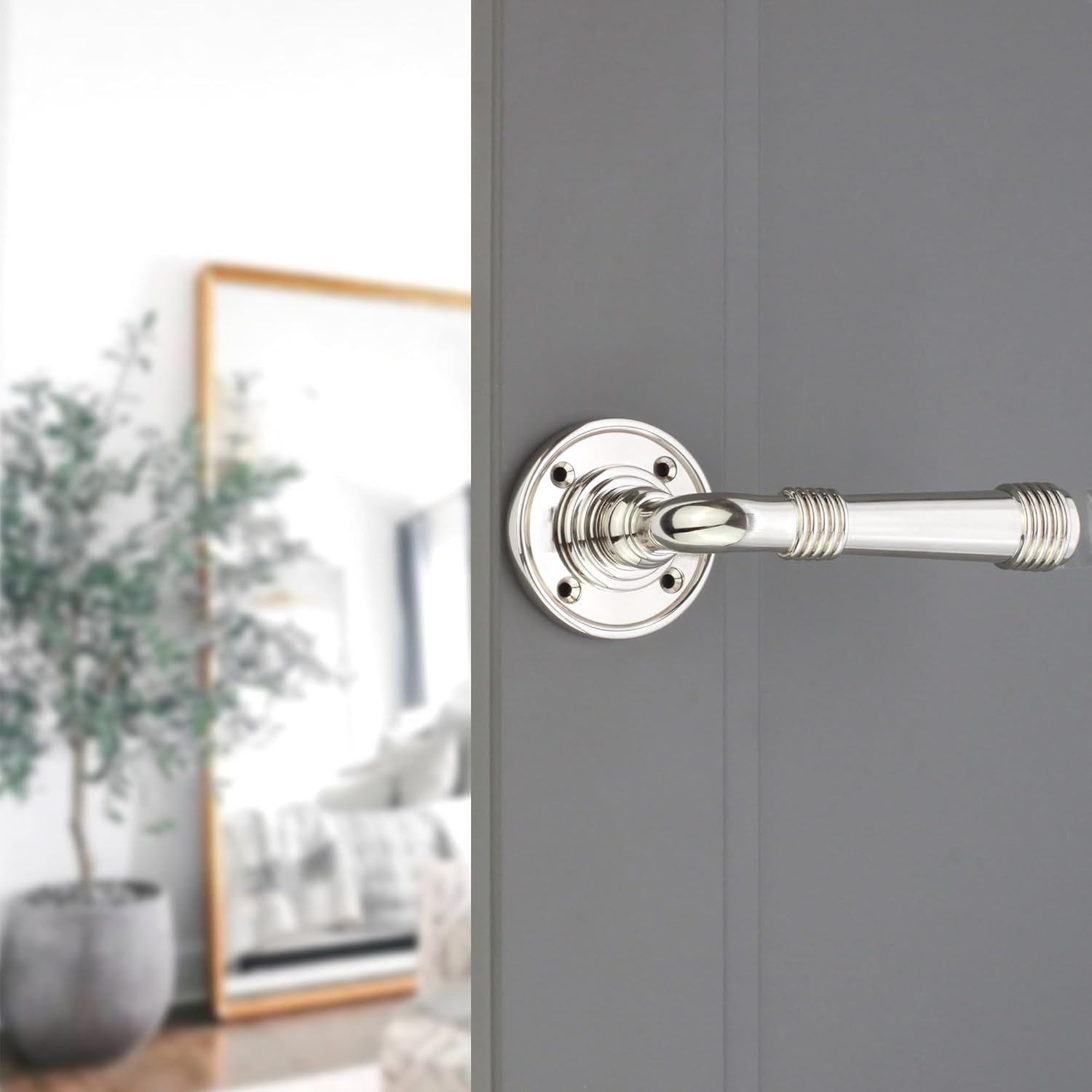 Infinity Decor Pair of Polished Nickel Beehive Lever on Rose Latch Door Handles Set - Ideal for Internal & Exterior Doors