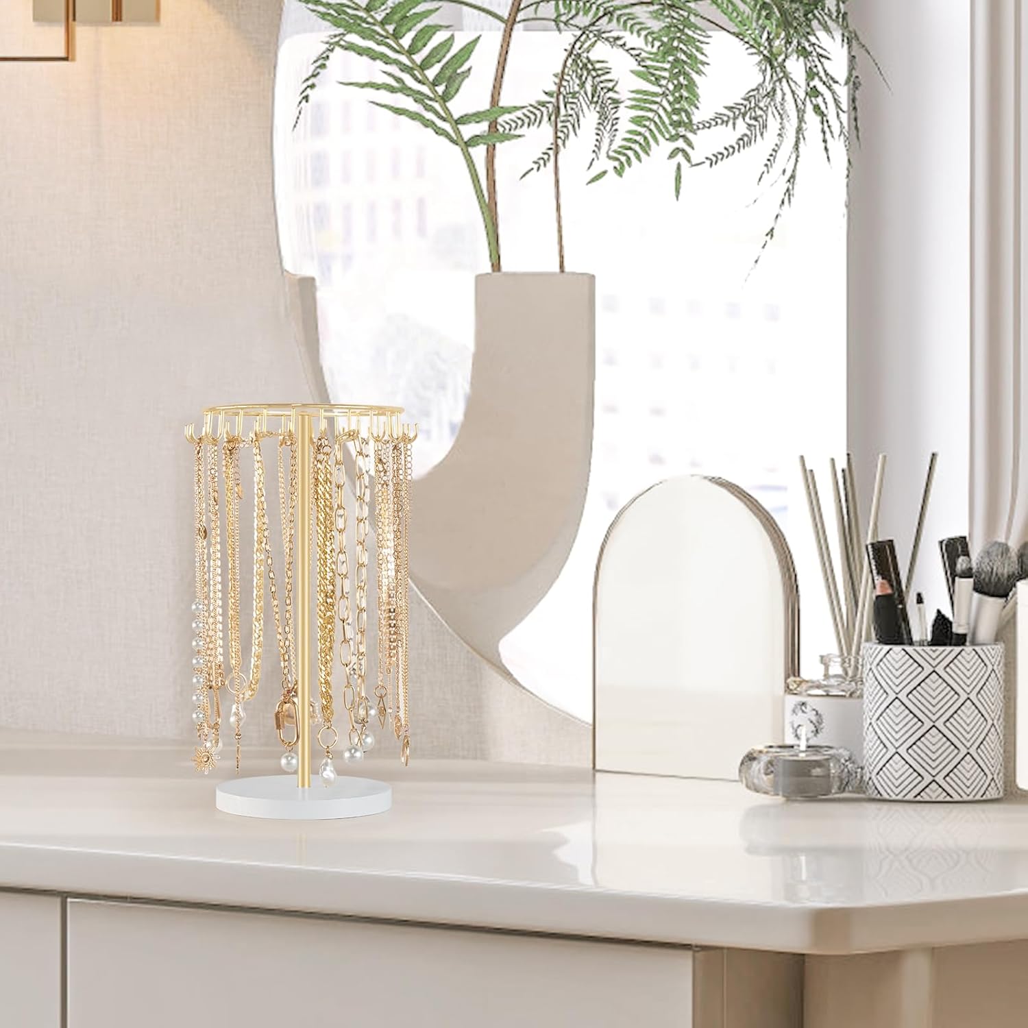 Mkono Necklace Holder Metal Jewelry Display Stand Necklace Organizer with 22 Hooks for Storage and Hanging Bracelet Keychain Home Room Decor for Women,Gold - Image 5