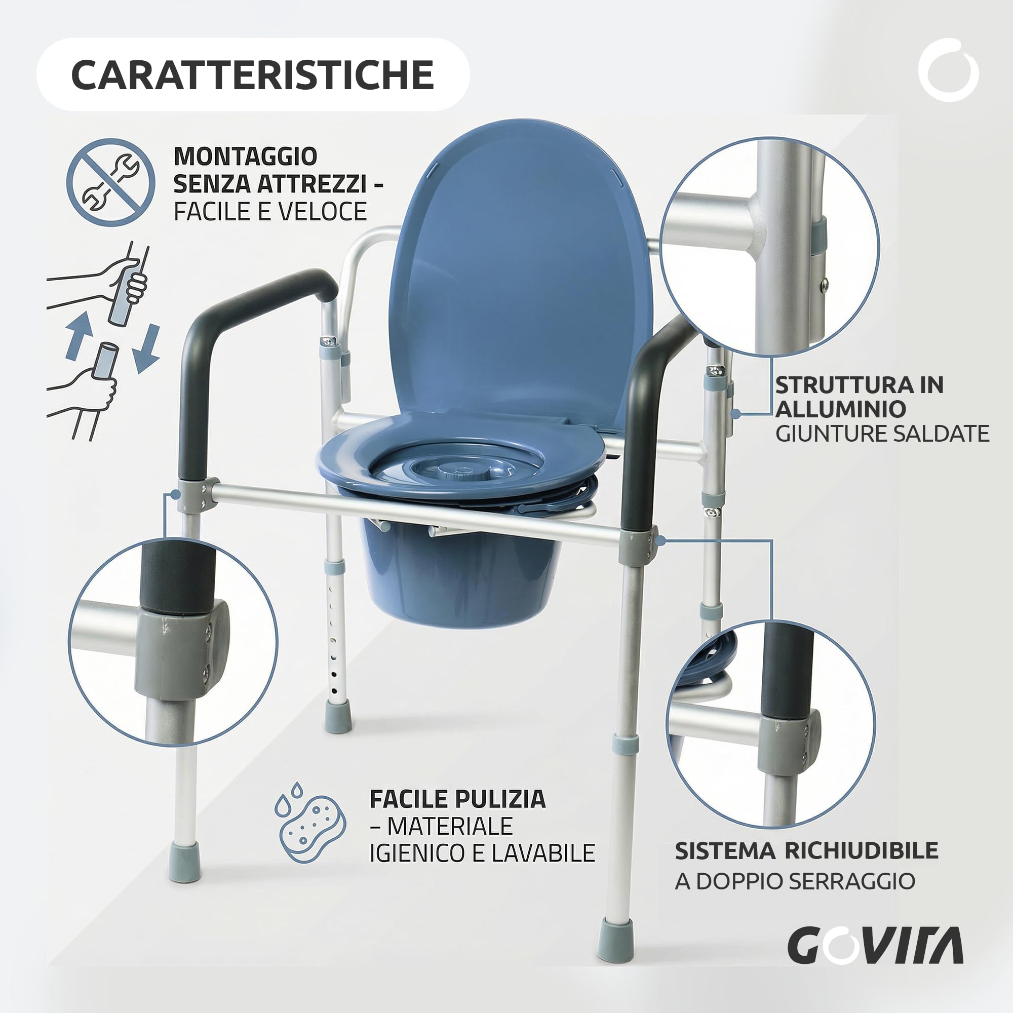 GOVITA Sedia Da Comodo Comoda Wc In Alluminio 4 Funzioni In 1 Pieghevole Sgabello Doccia Bagno Per Aziani E Disabili, Rialzo Wc Water Supporto Per Water Sedile Per Doccia Per Anziani