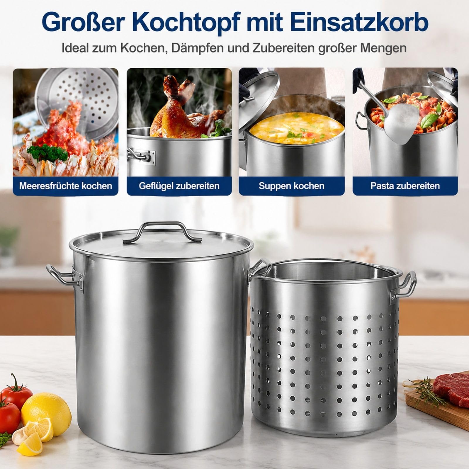 Edelstahl Suppentopf 60,5 L Silber mit Korb, Deckel und Griffen für Küche und große Veranstaltungen