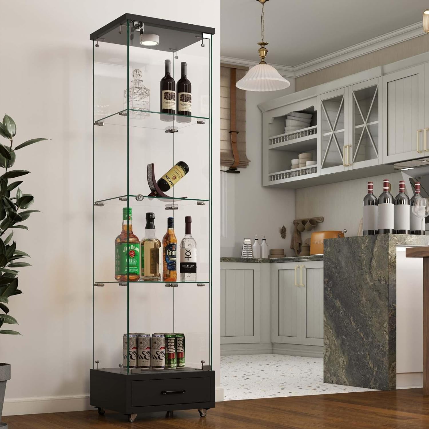 Glass Display Cabinet with LED Lights & Lock, Modern 66" Tall Curio Cabinet with 360° Wheels, Tempered Glass Showcase with Storage Drawer for Collectibles, Living Room