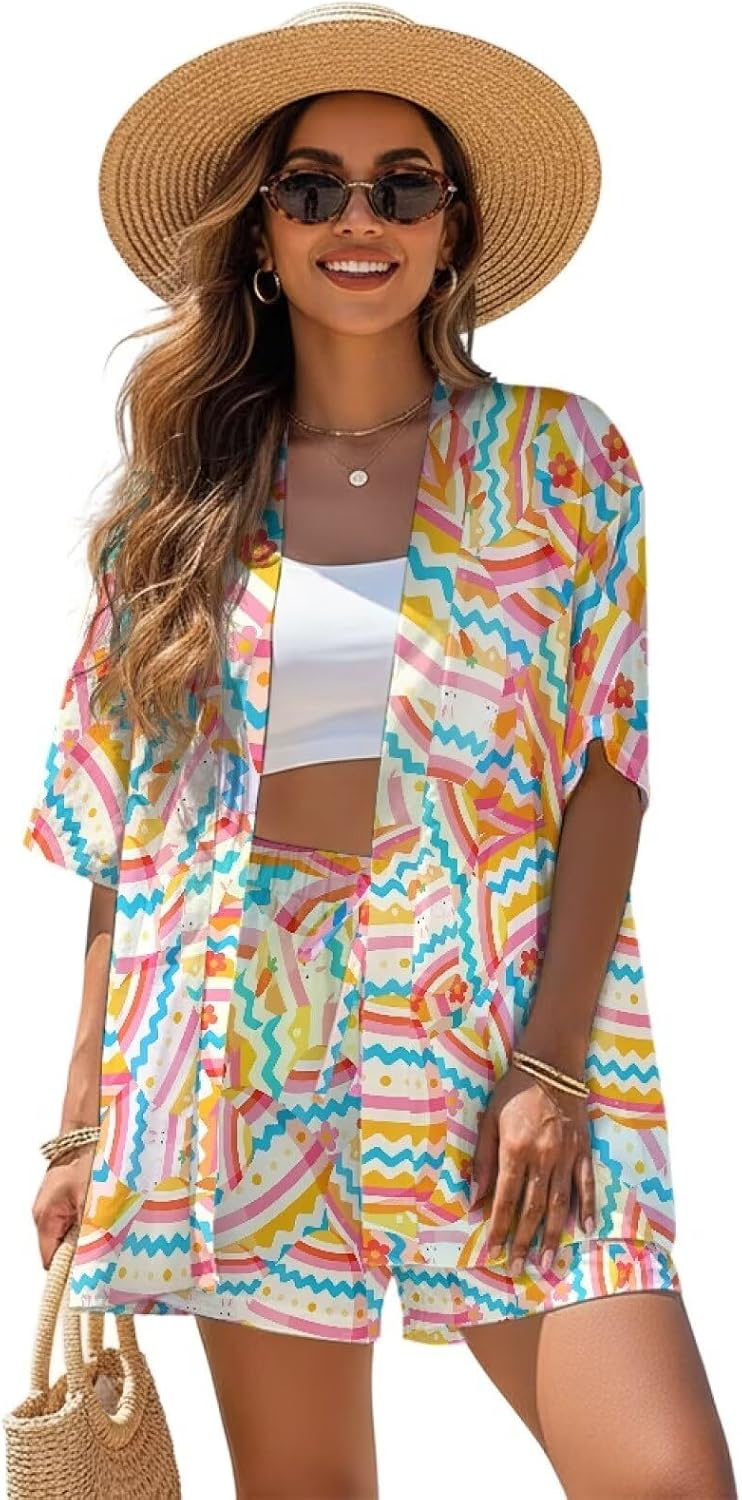 Womens Outfit Half Sleeve Kimono Top and Elastic Waist Shorts Beach Cover Up Set 2 Piece Vacation Resort Wear
