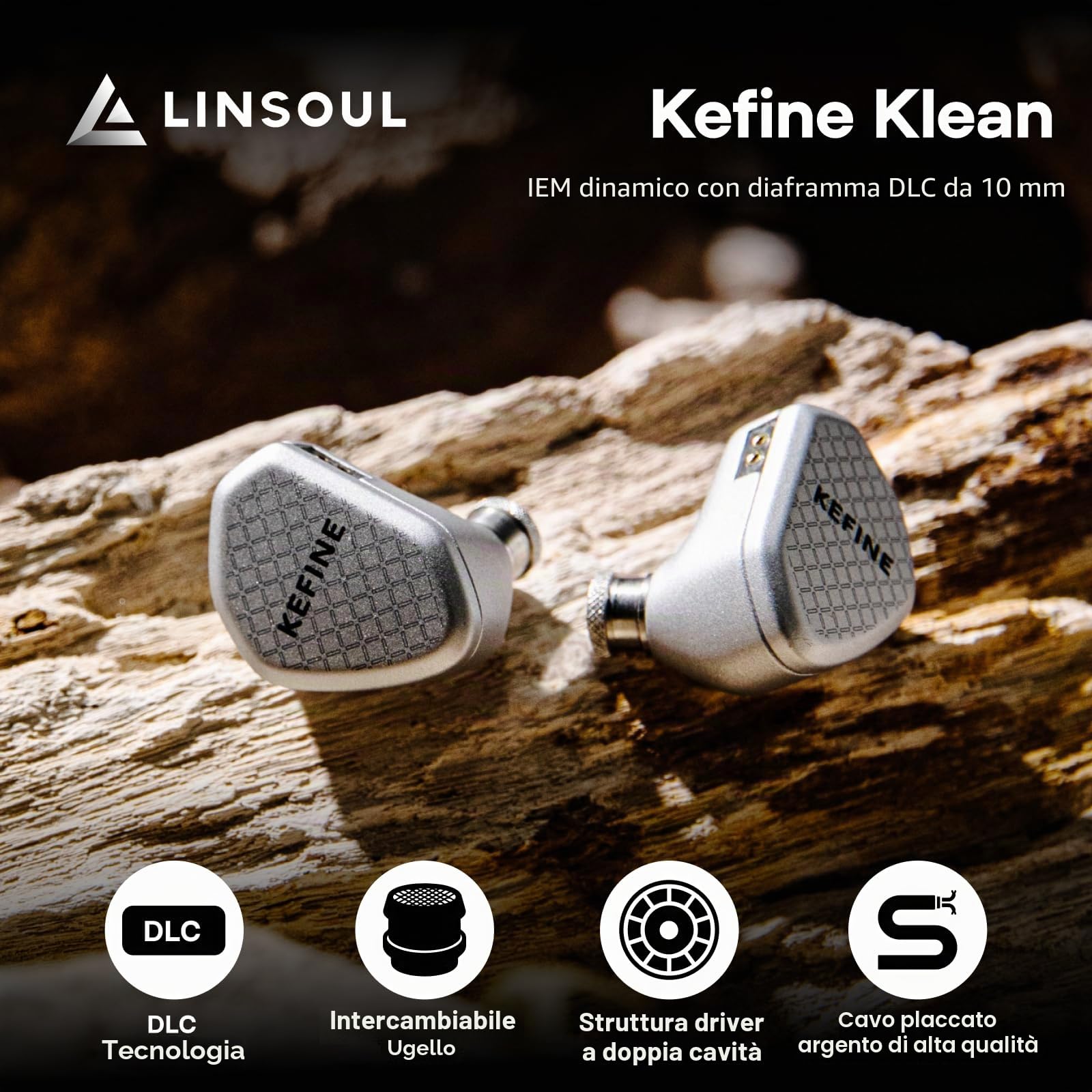 Linsoul Kefine Klean In Ear Monitor,Cuffie con Driver Dinamico con Diaframma DLC 10mm,Auricolari da Gioco,Ugelli Sostituibili,Cavo Placcato Argento Staccabile per Audiofili (Senza Mic 3.5mm, Argento)