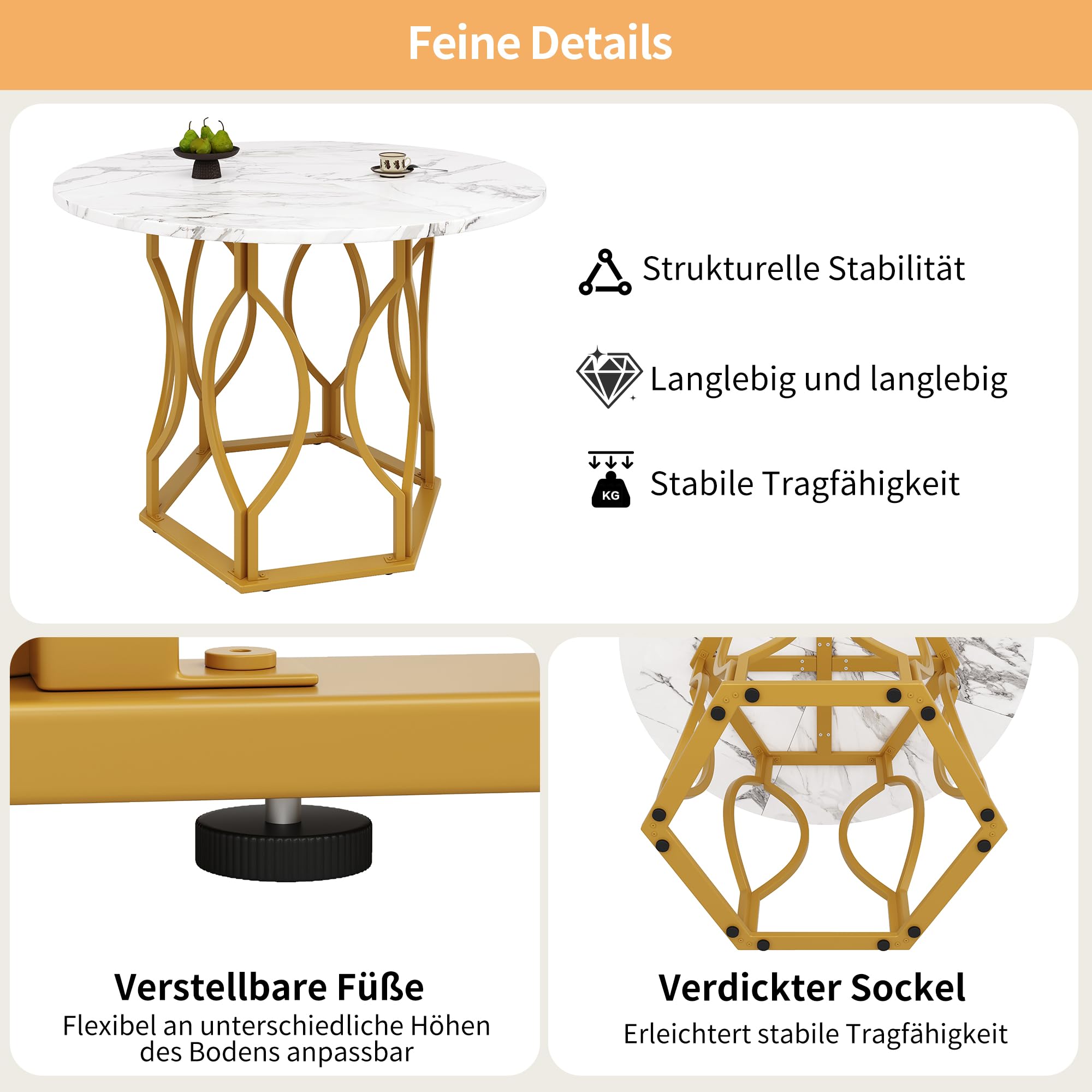Essgruppe Esstisch mit 4 Stühlen Set für 4 Personen, Esstisch Rund 100x100x76 cm mit Goldenen Metallbeinen und 4 Grün Samt Esszimmerstühle, Weiße Tischplatte, Esszimmermöbel, Küchenmöbel